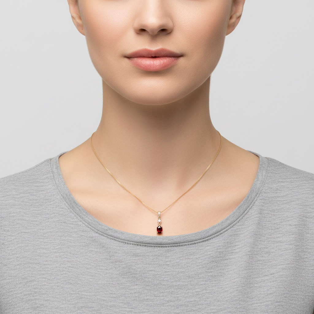 14K Yellow Gold Garnet & Diamond Pendant - 0.03ct