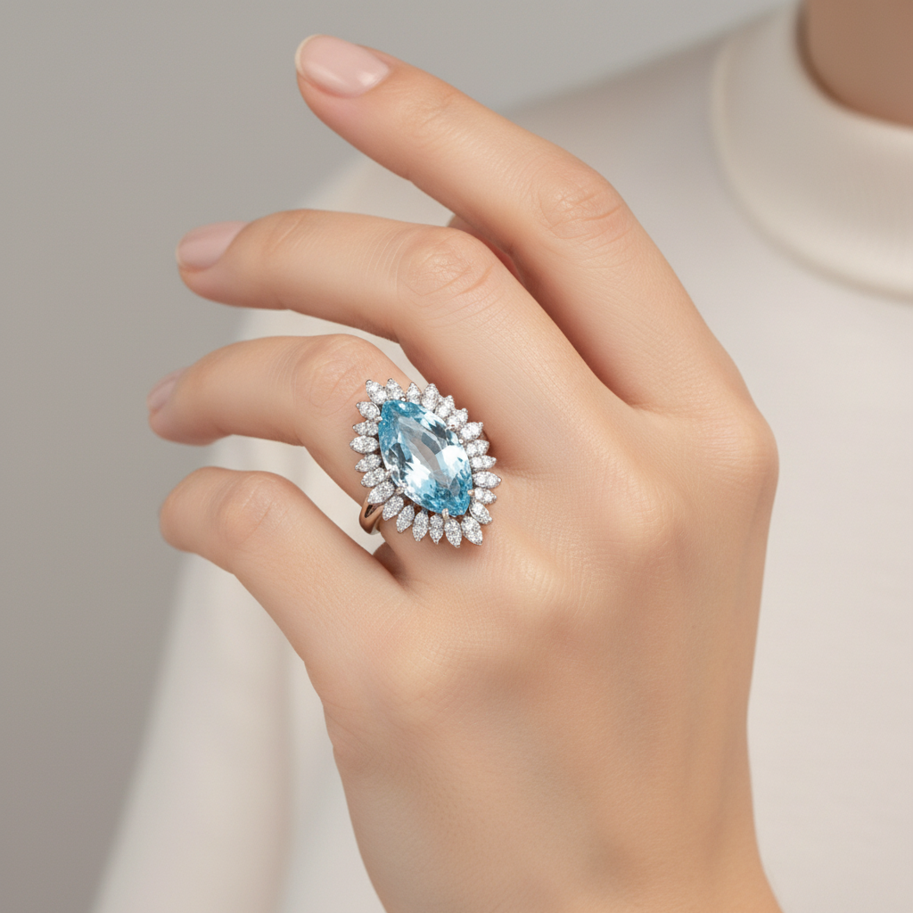 14K White Gold Blue Topaz & Diamond Ring - 0.88ct