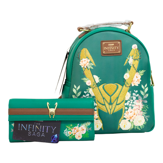 Loungefly The Infinity Saga: Green Loki Floral Backpack & Wallet