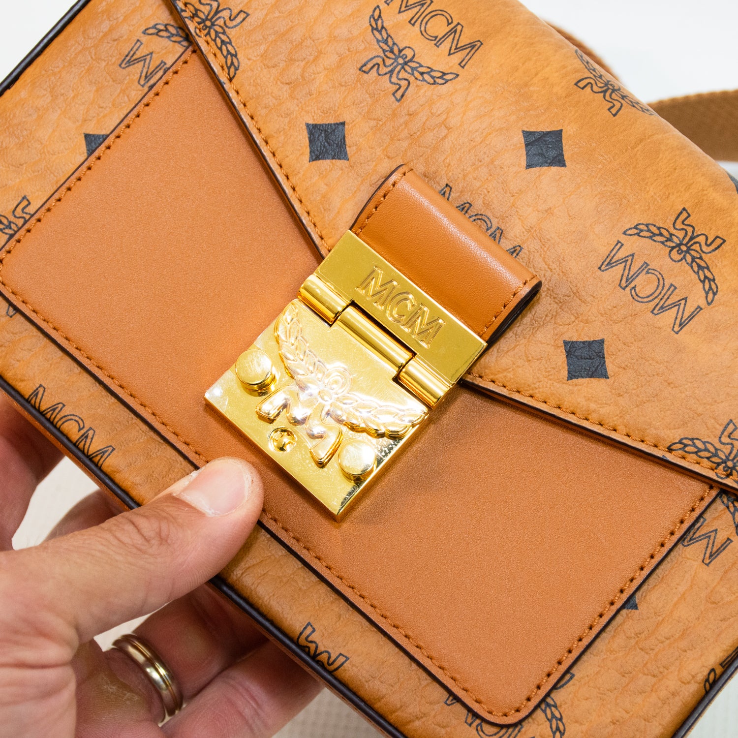 MCM Millie Visetos Cognac Crossbody Bag
