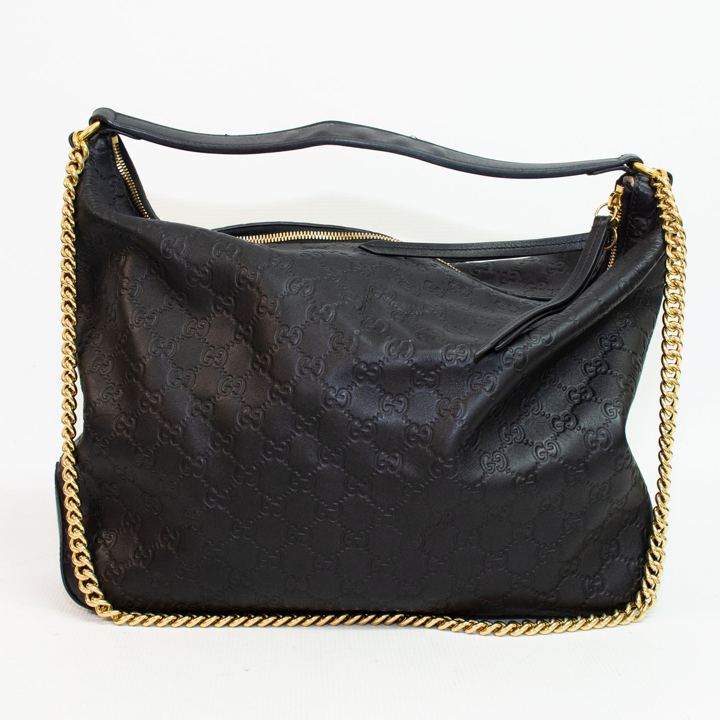 Gucci Black Leather Hobo Signature Gold Link Chain Handbag