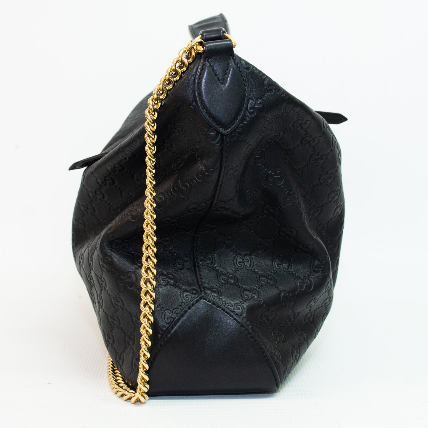Gucci Black Leather Hobo Signature Gold Link Chain Handbag