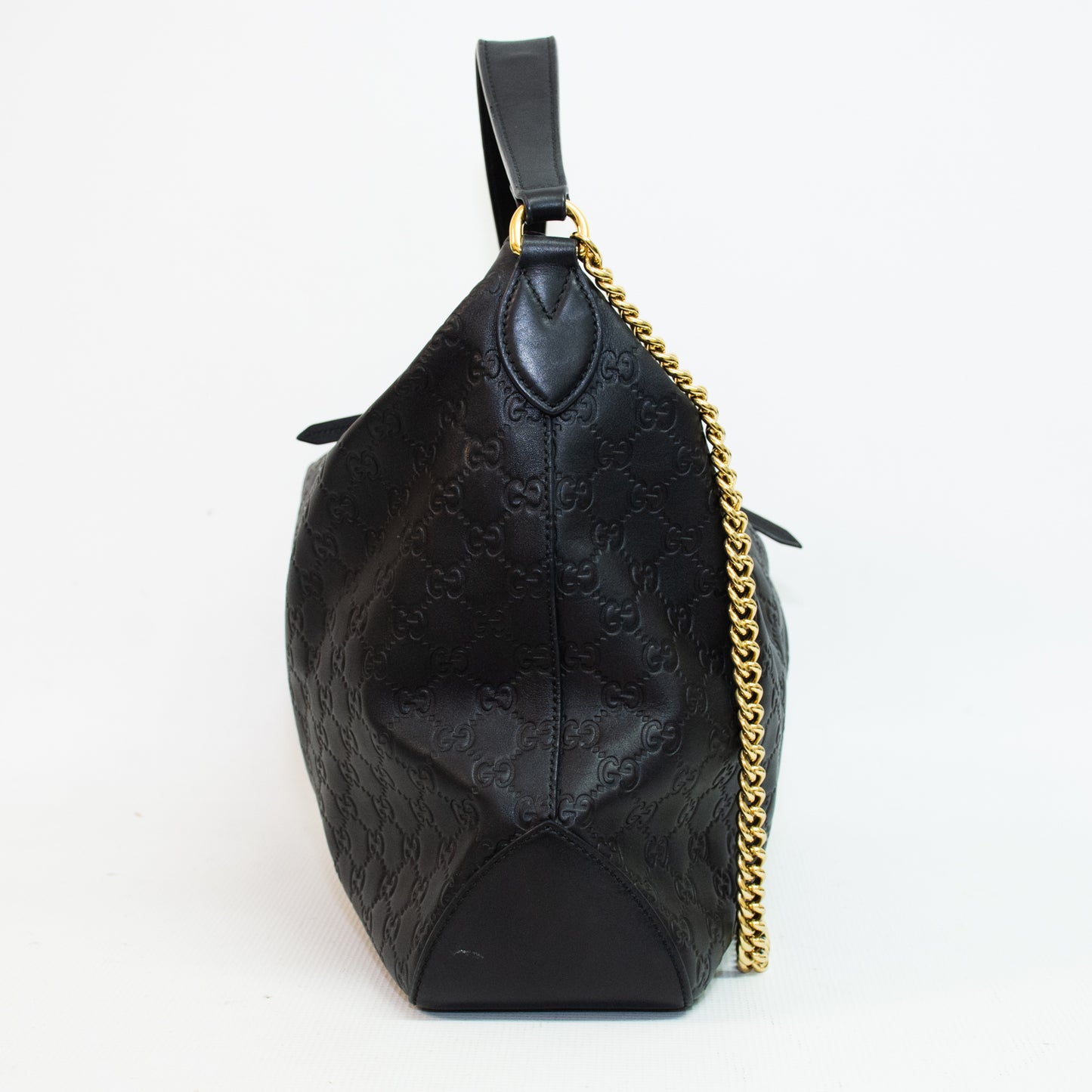 Gucci Black Leather Hobo Signature Gold Link Chain Handbag