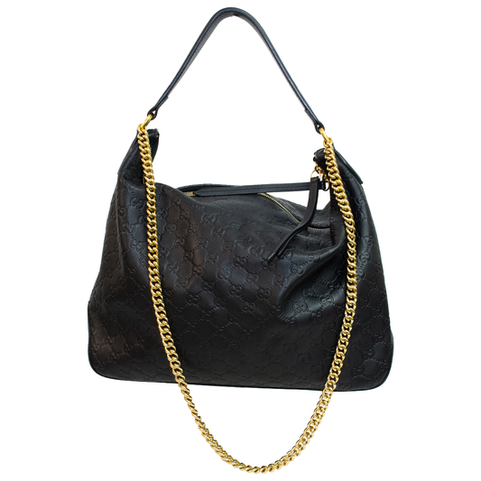 Gucci Black Leather Hobo Signature Gold Link Chain Handbag