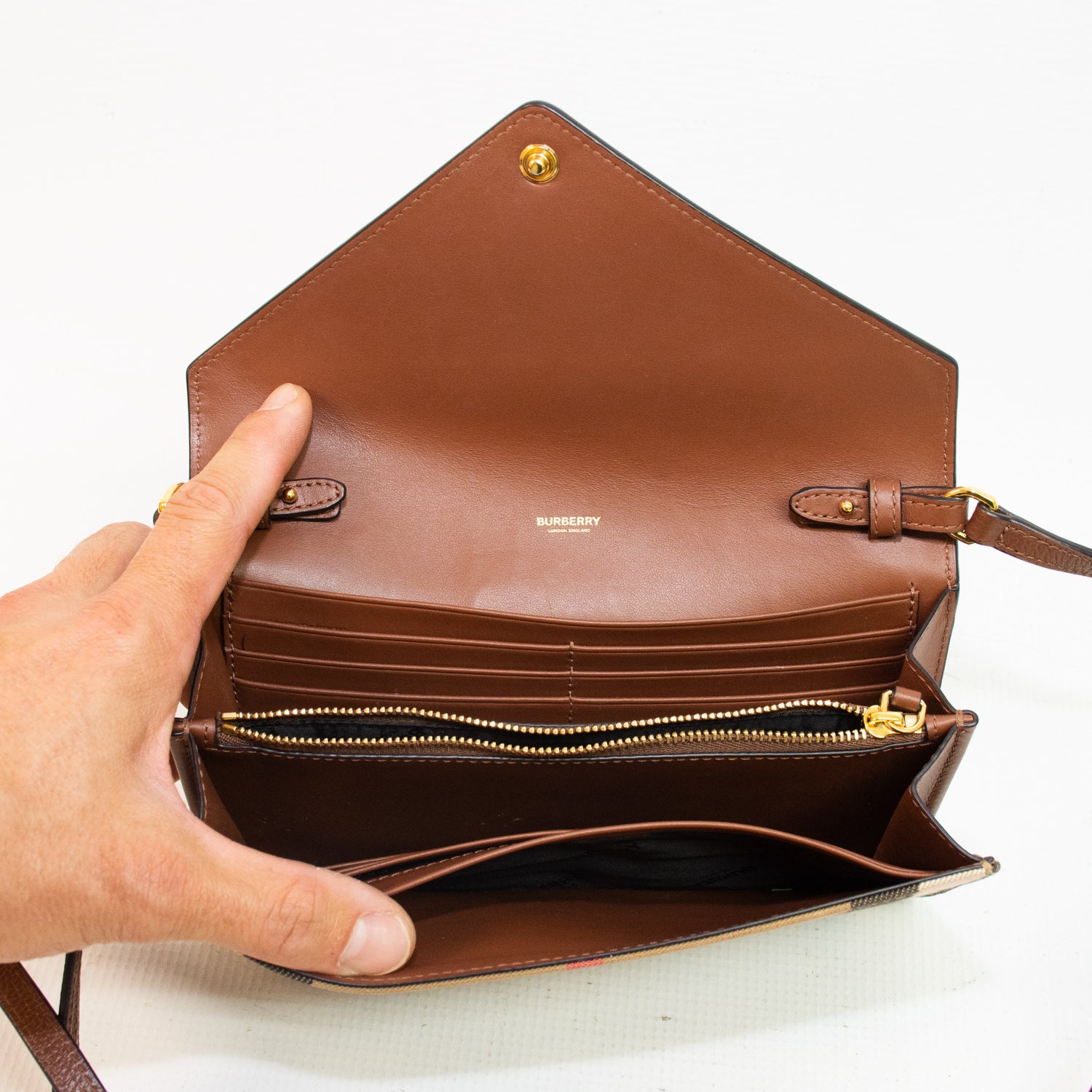 Burberry Canvas Hannah Coco House Check Derby Cross Body Wallet