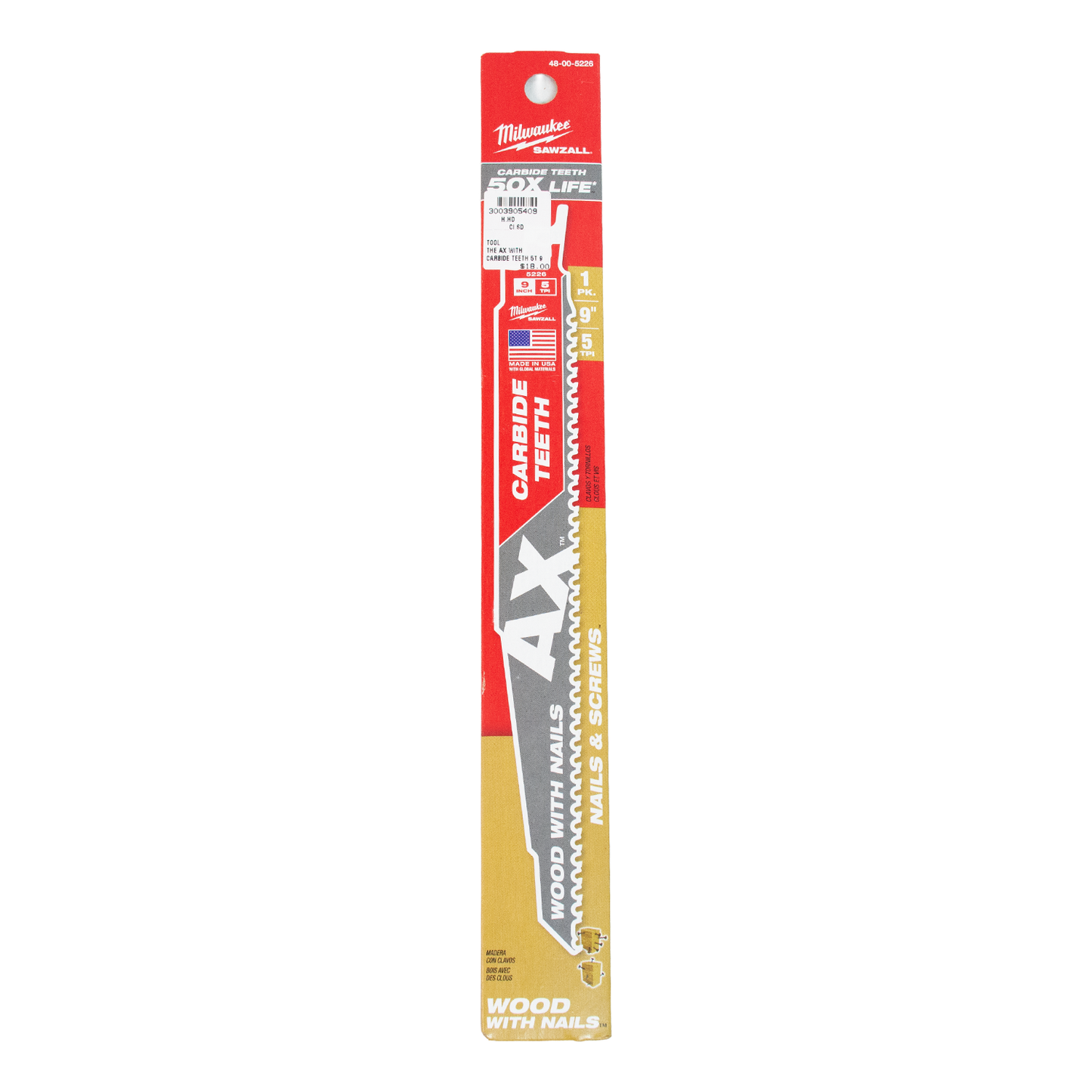 Milwaukee 48-00-5226 "The Ax" Carbide Teeth Sawzall Blade 9" 5 TPI