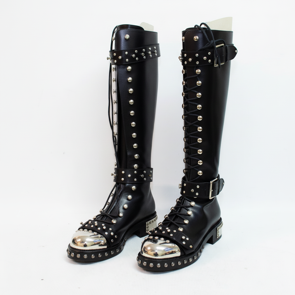 Alexander McQueen 470587 Studded Accents Combat Leather Boots