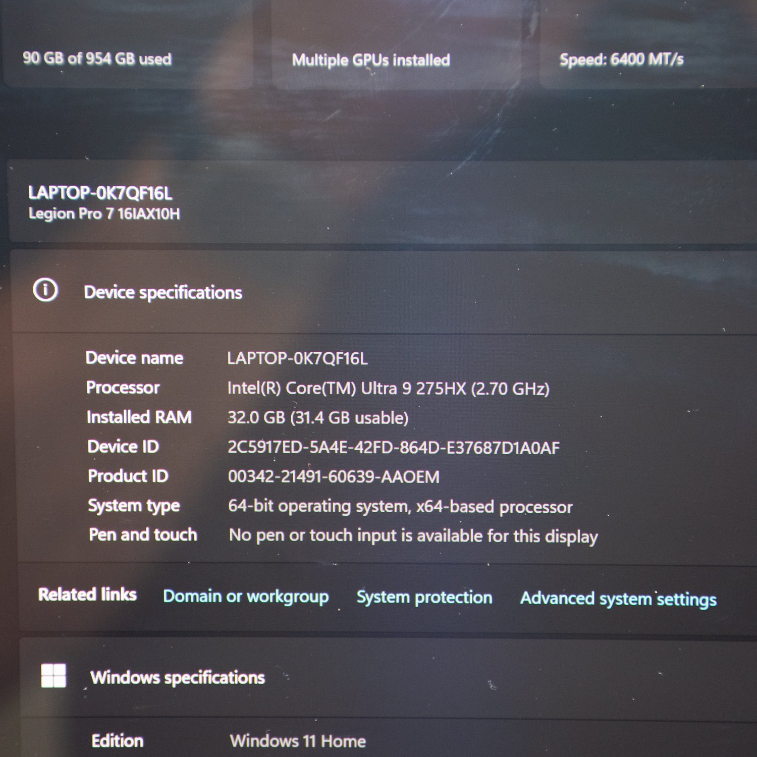 Lenovo Legion 161AX1OH Pro 7 - Intel Ultra i9 275HX - 32 GB Ram - 1 TB SSD - GeForce RTX 5080
