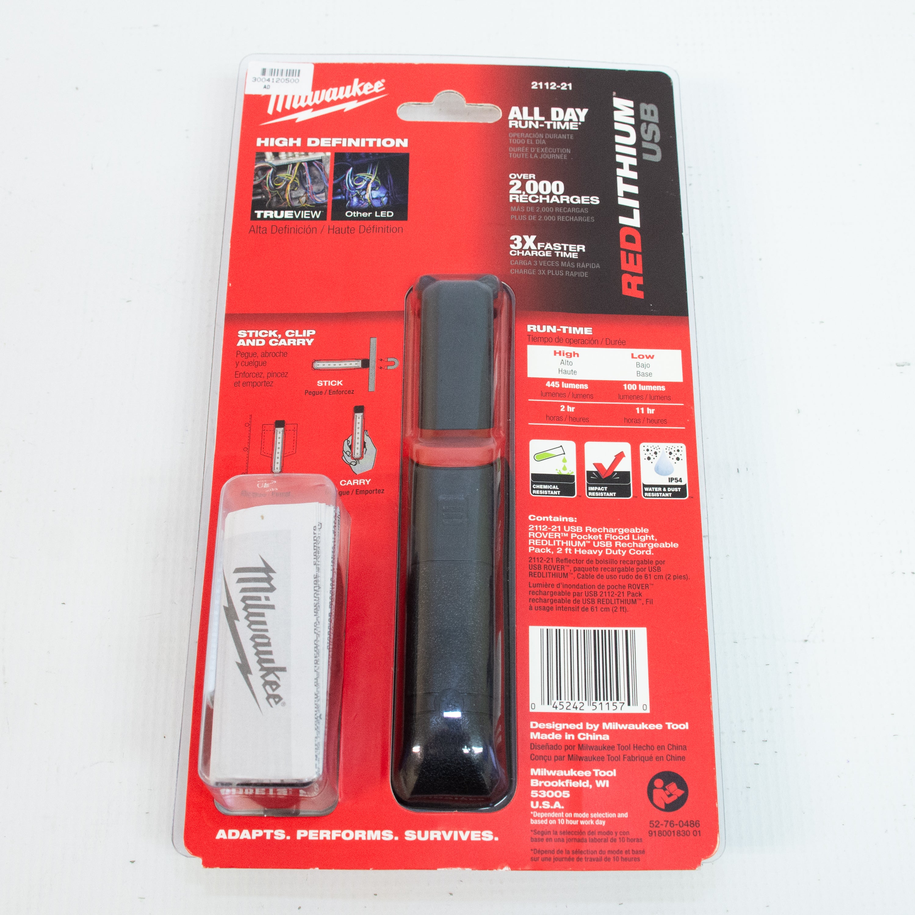 Milwauke 2112-21 Cordless Red-Lithium USB Rover Pocket Flood Light - 445 Lumens