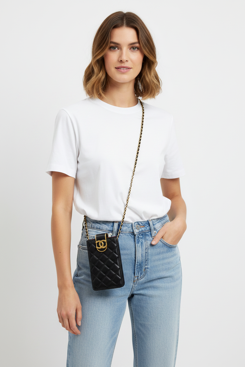 Chanel CC Quilted Lamb Skin Phone Case - Black
