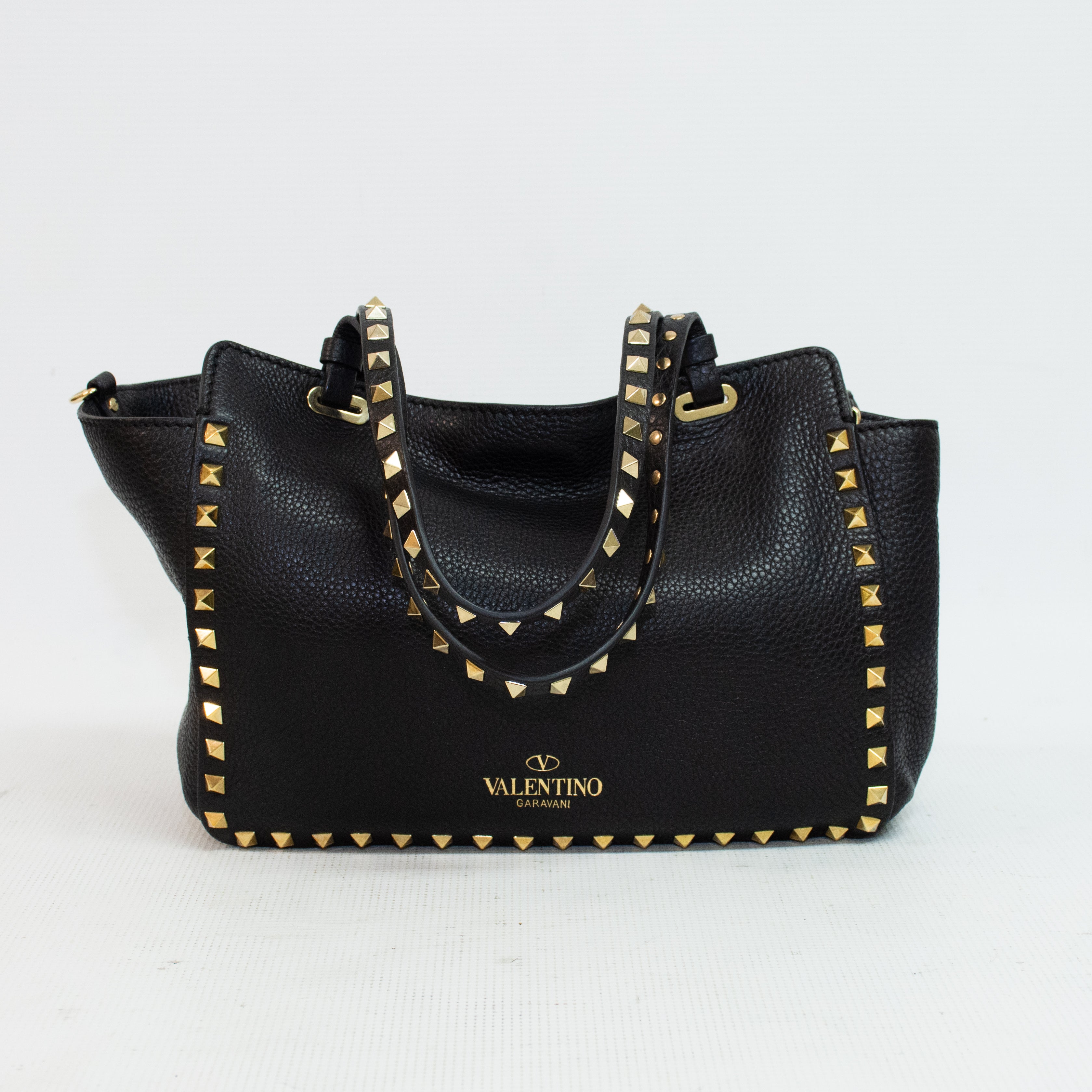 Valentino Garavani Pebbled Calfskin Rockstud Tote - Black