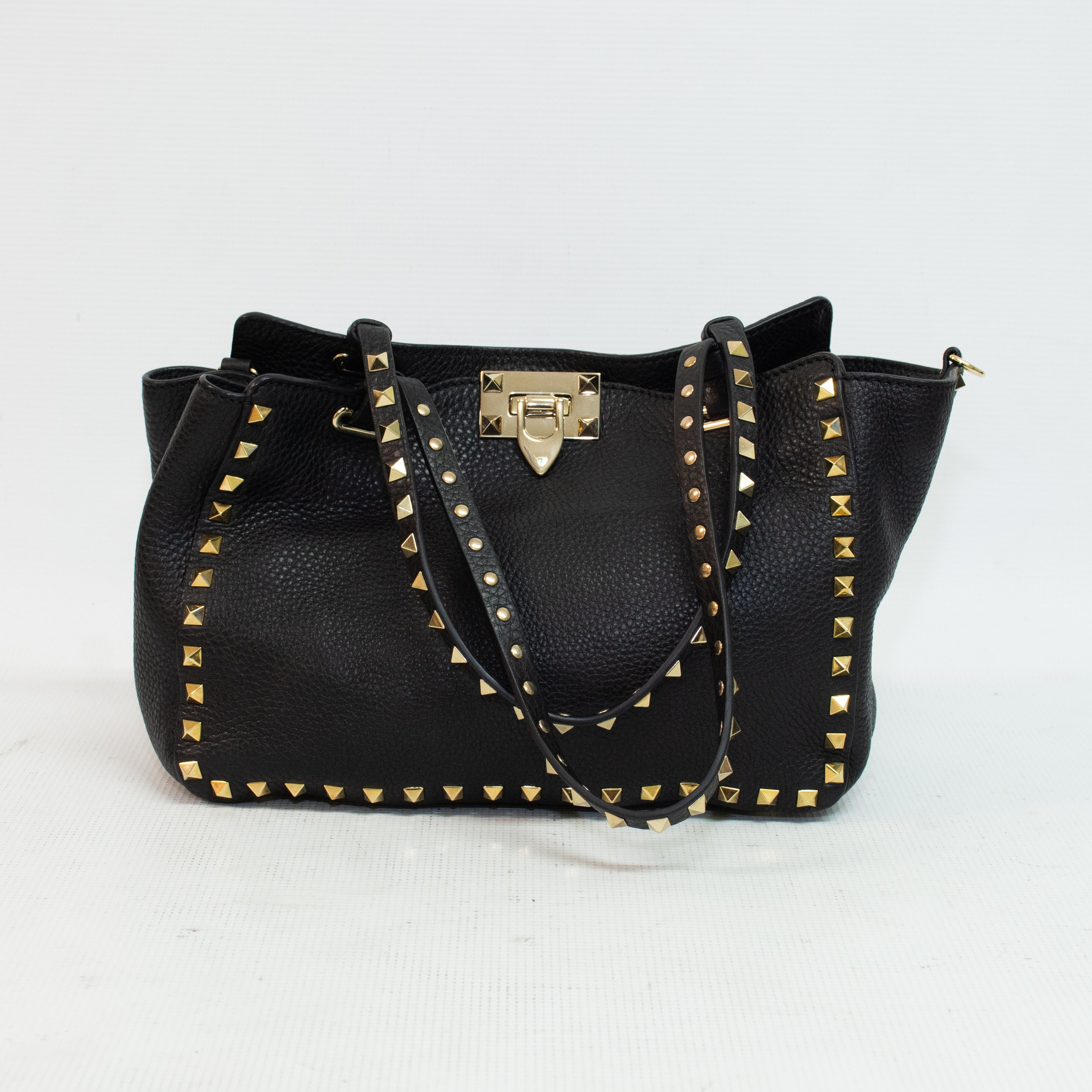 Valentino Garavani Pebbled Calfskin Rockstud Tote - Black