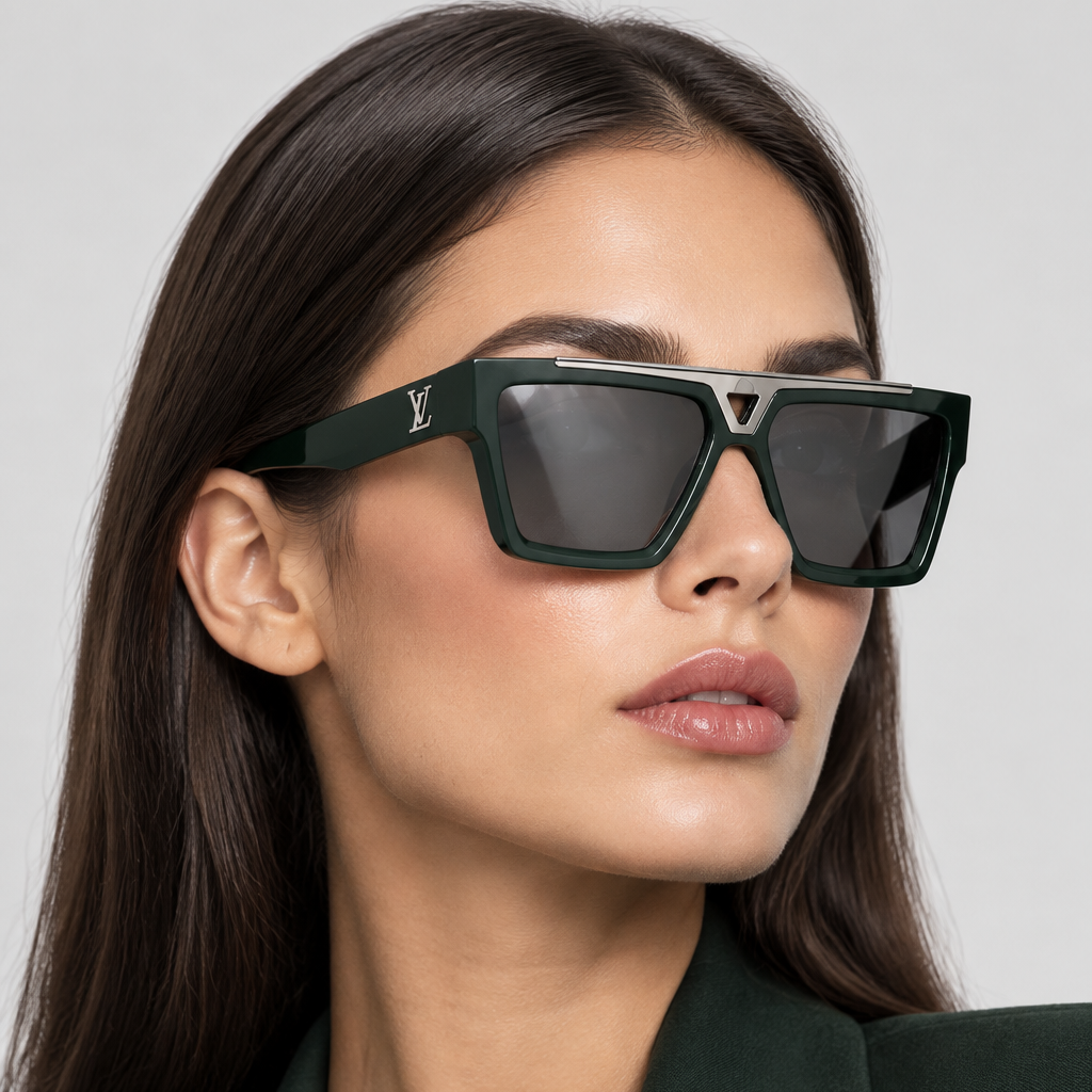 Louis Vuitton square sunglasses in dark forest green with a silver metal V-frame detail and the Louis Vuitton LV logo on the temple, set against a clean white background.