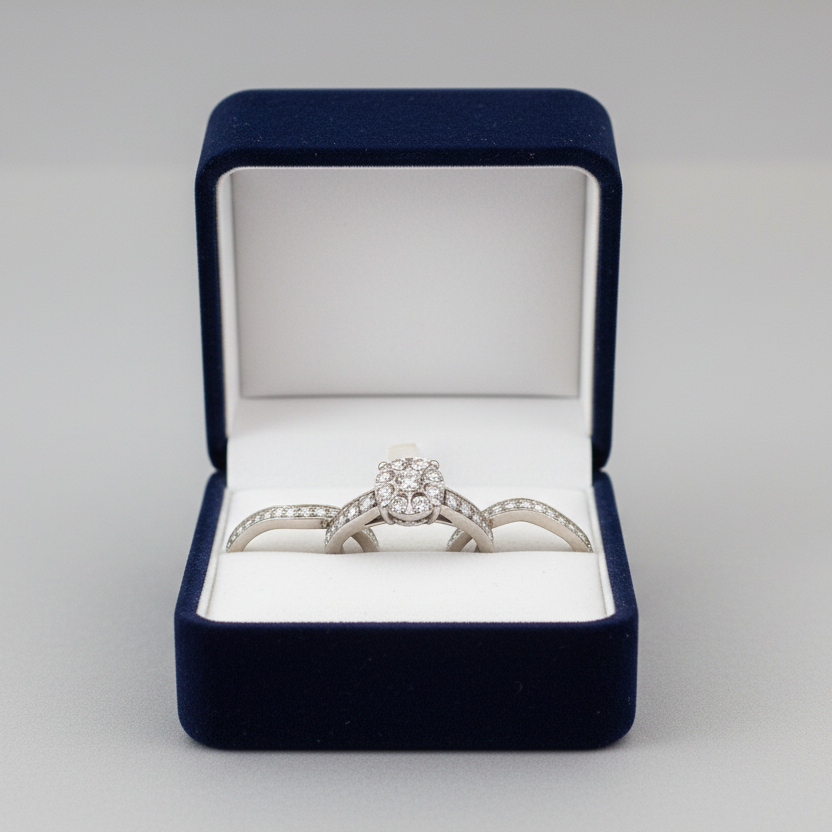 10K White Gold Diamond Engagement & Wedding Ring Set - 0.95ct