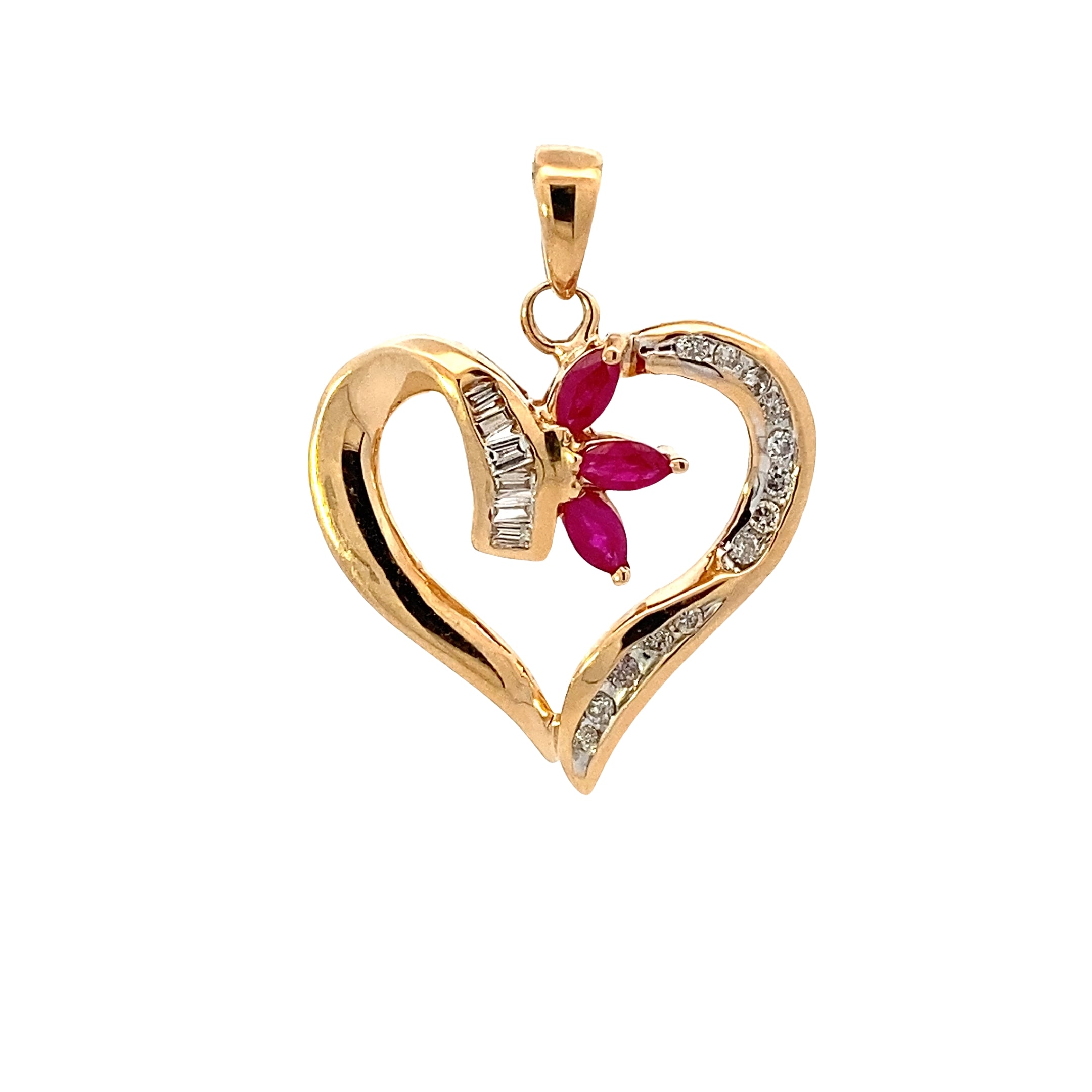 14K Yellow Gold Ruby & Diamond Heart Pendant - 0.14ct
