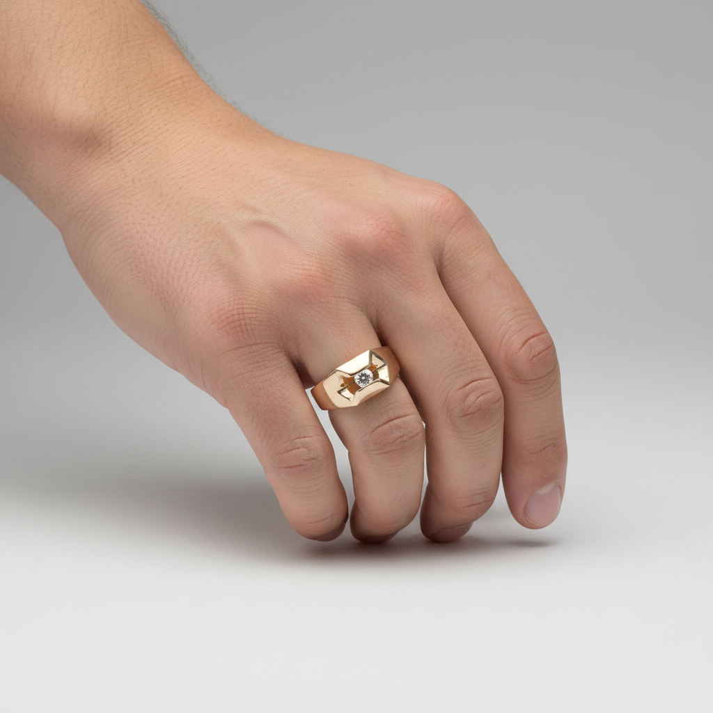 14k Yellow Gold & Solitaire Diamond Men's Ring - 0.24ct