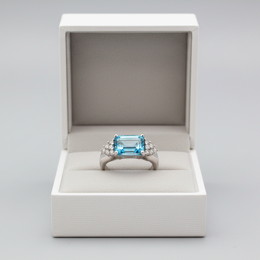14K White Gold Blue Topaz Women's Diamond Ring - 0.36ct