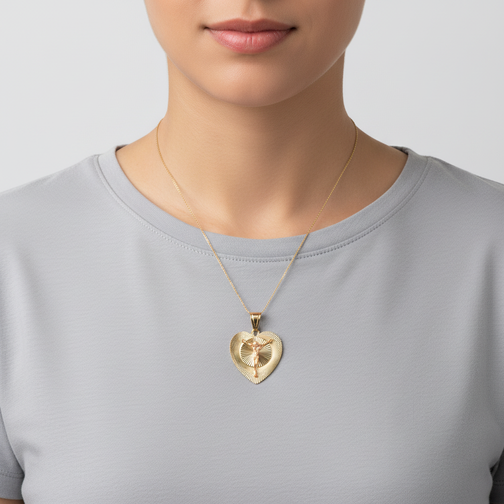 14K Yellow & Rose Gold Diamond Cut Crucifix Heart Pendant