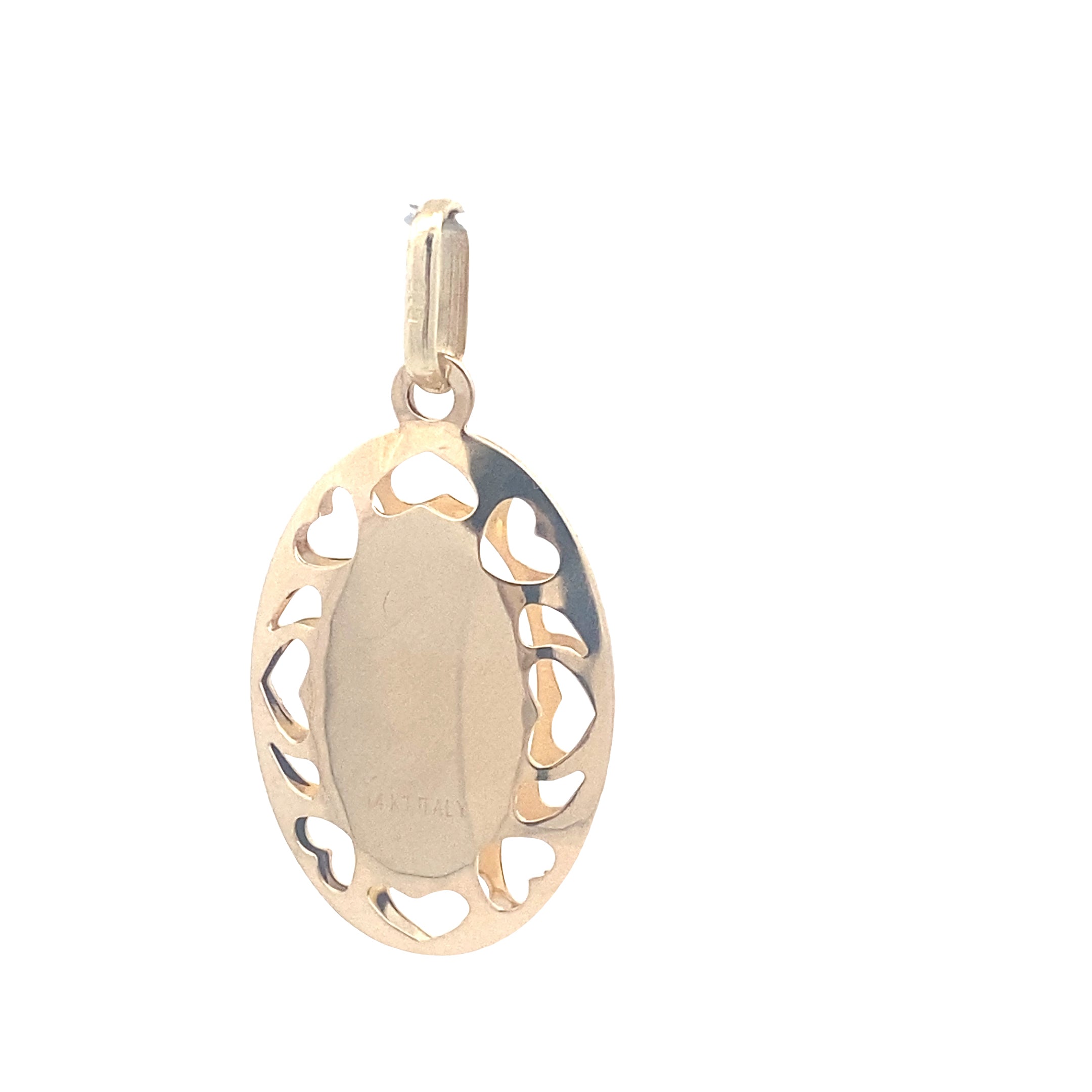 14K Yellow Gold Oval Cut Out Hearts Virgin Mary Pendant