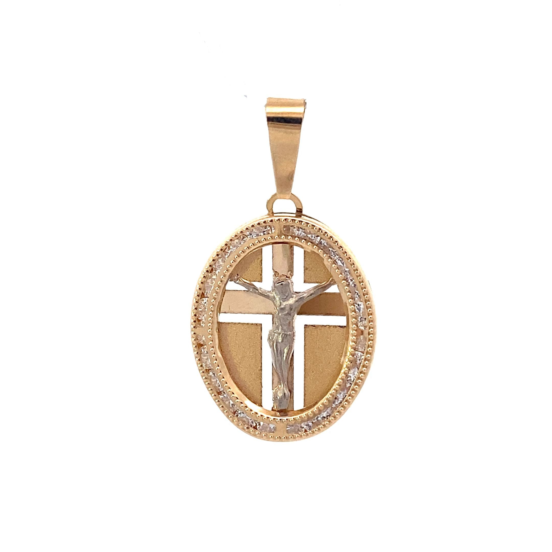 New 14K Yellow Gold Oval Cross Cut Out Pendant