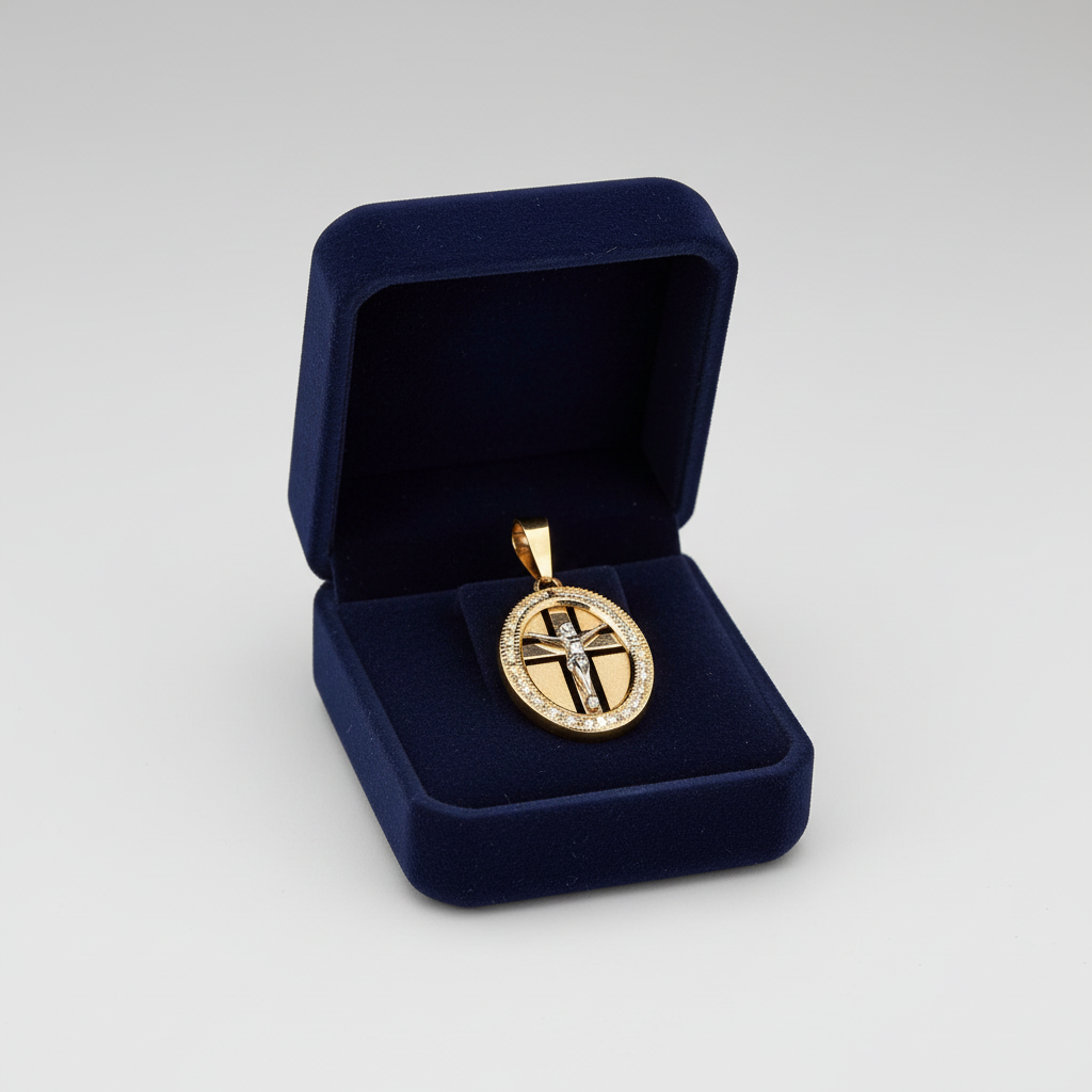 New 14K Yellow Gold Oval Cross Cut Out Pendant