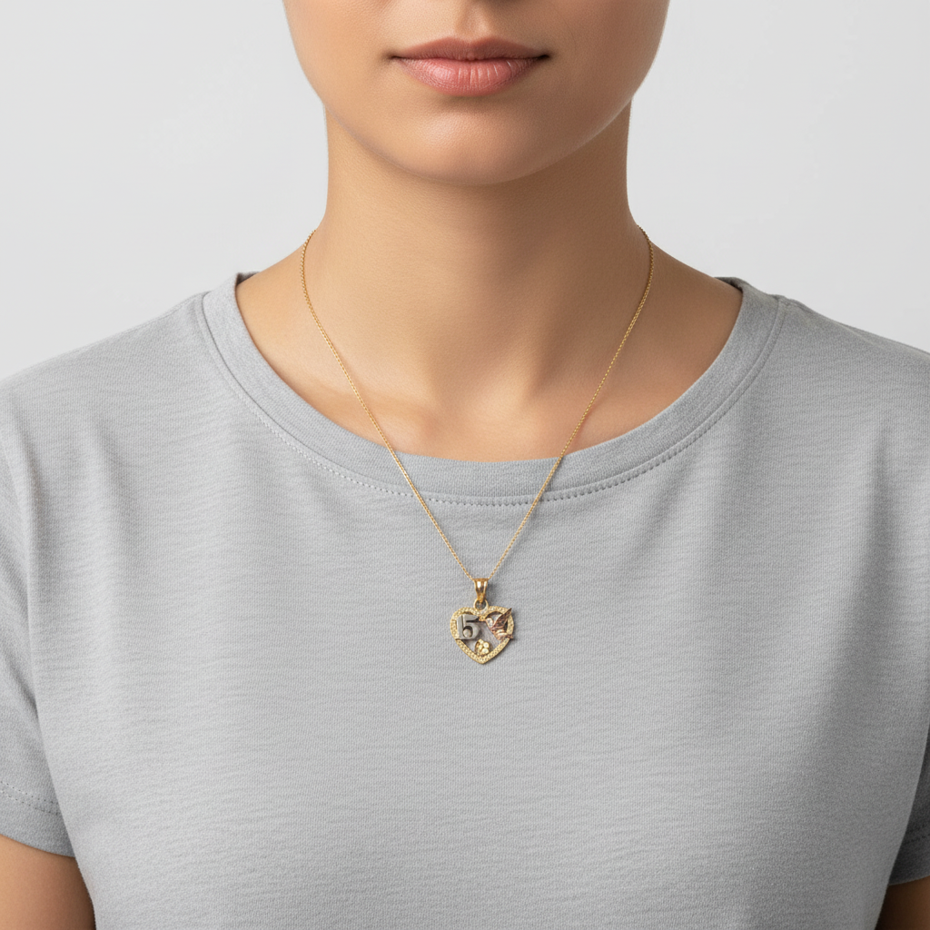 New 14K Tri-Color Gold "15" Dove & Flower Heart Pendant