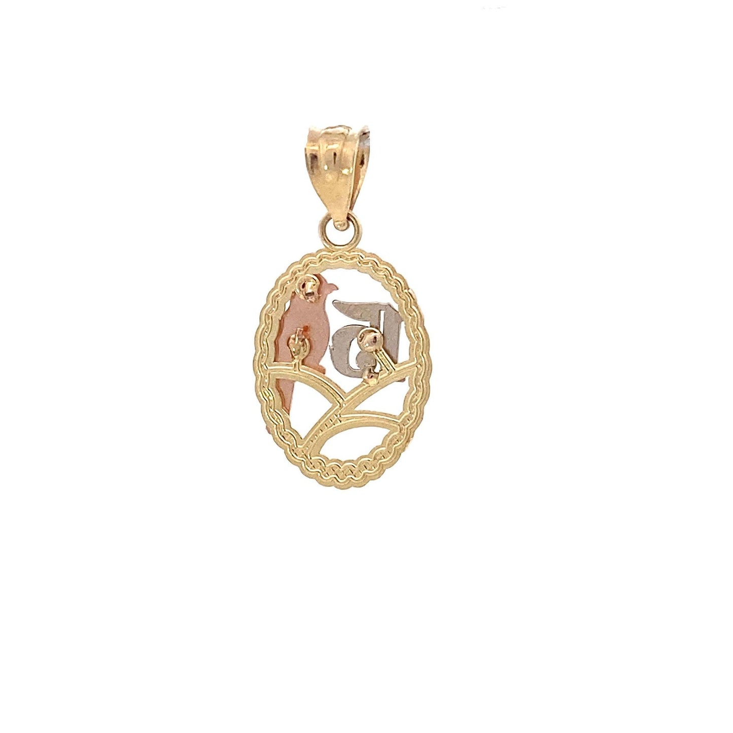 New 14K Tri-Color Gold Oval "15" Años & Bird Pendant