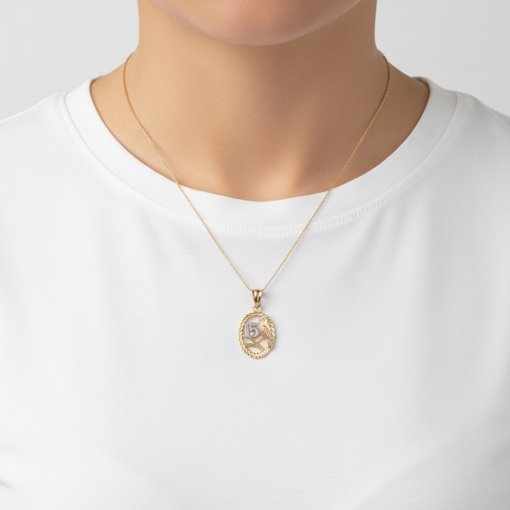 New 14K Tri-Color Gold Oval "15" Anos & Bird Pendant