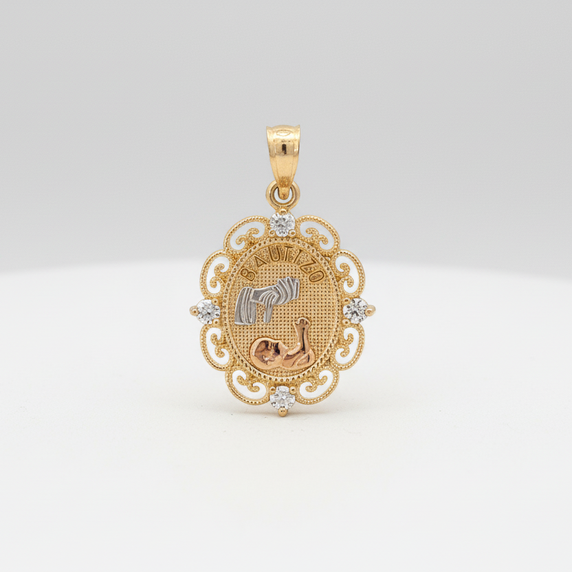 14K Tri-Color Gold CZ Bautizo Pendant