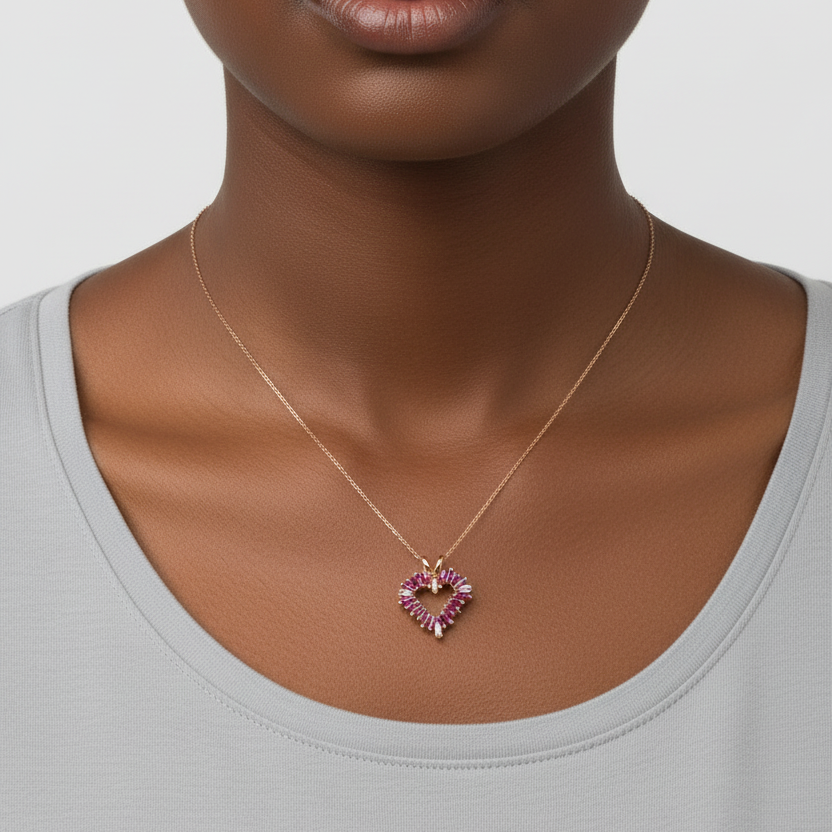14K Yellow Gold Diamond & Ruby Heart Pendent