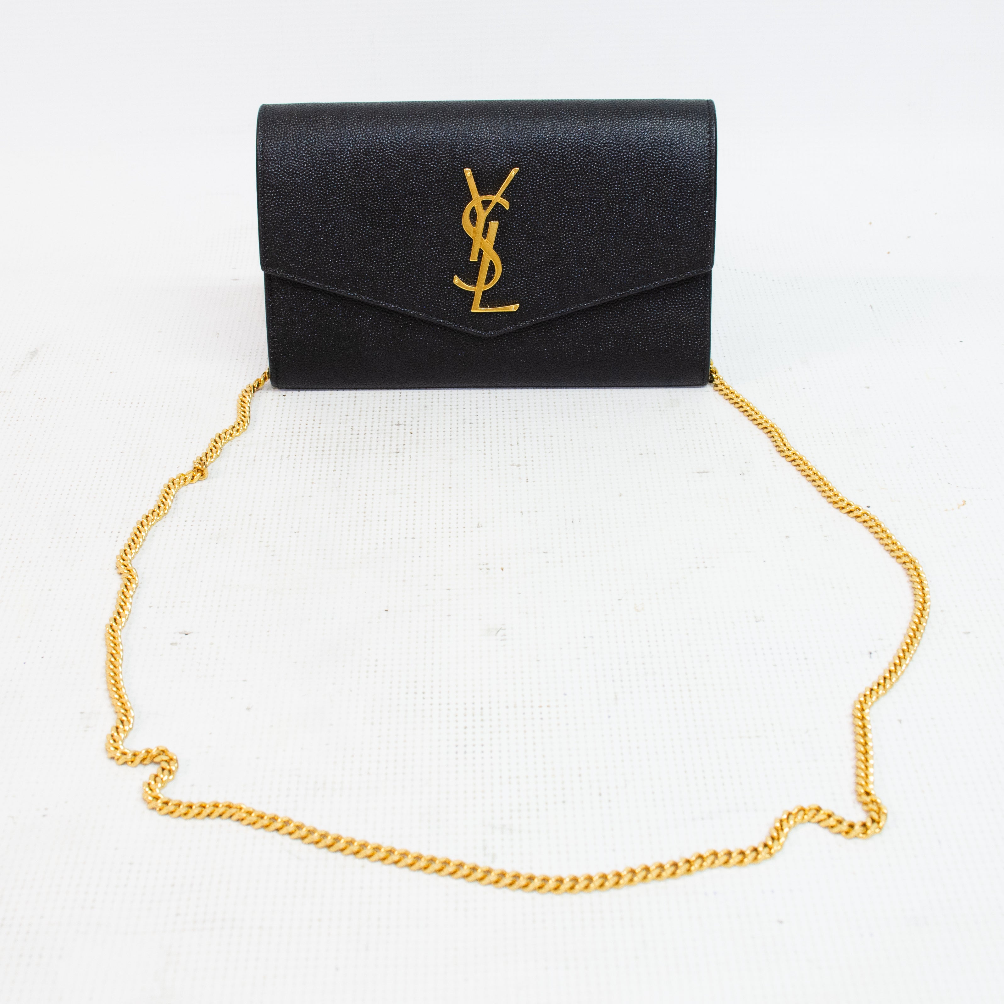 Saint Laurent YSL Uptown Black Grain Leather Chain Wallet