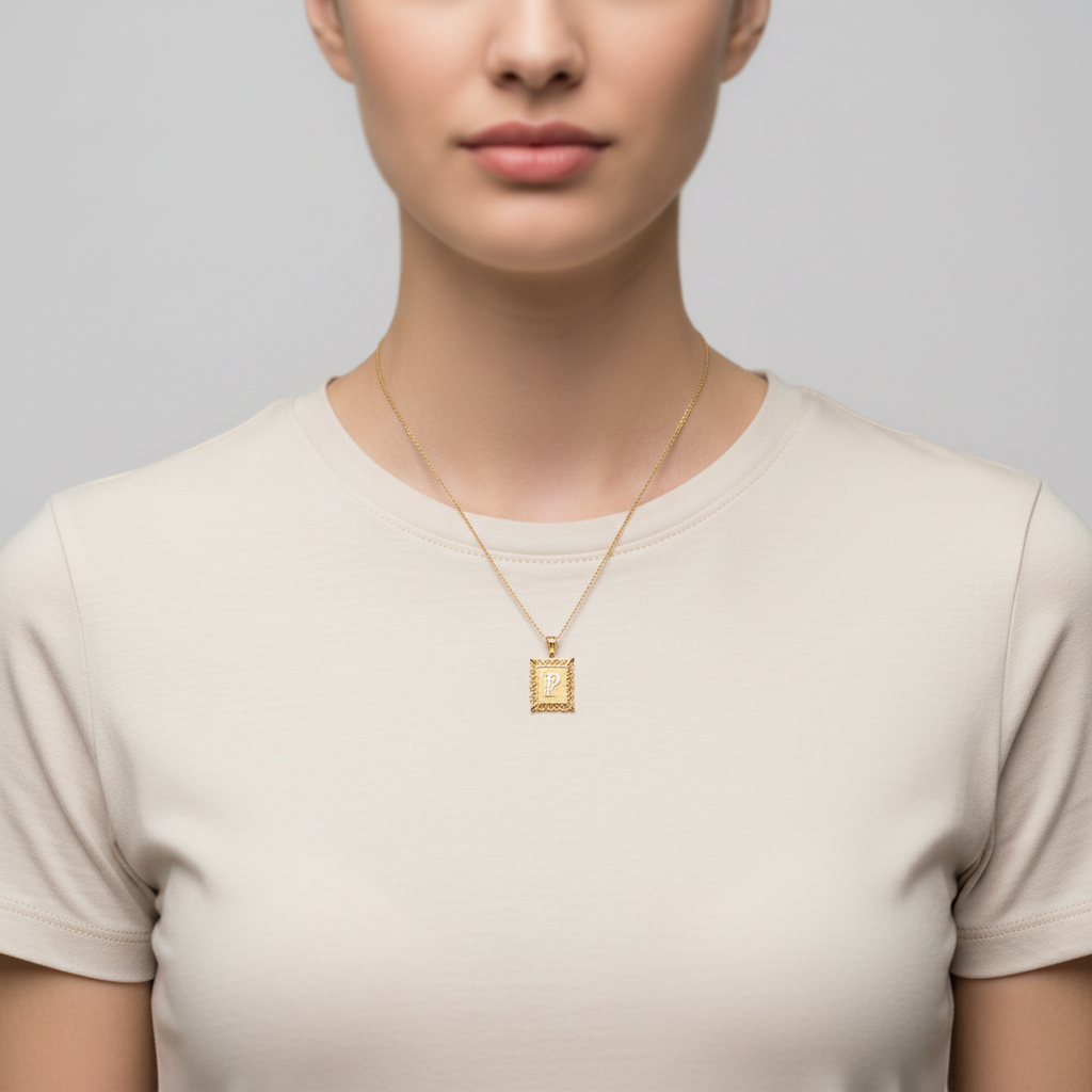 10K Yellow Gold Square Letter "P" Pendant