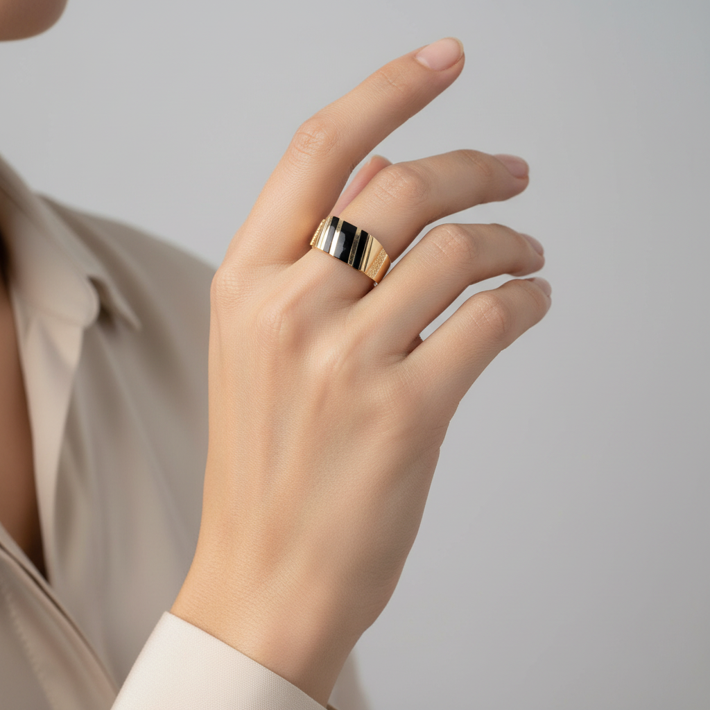 14K Yellow Gold Slanted Black Onyx Ring