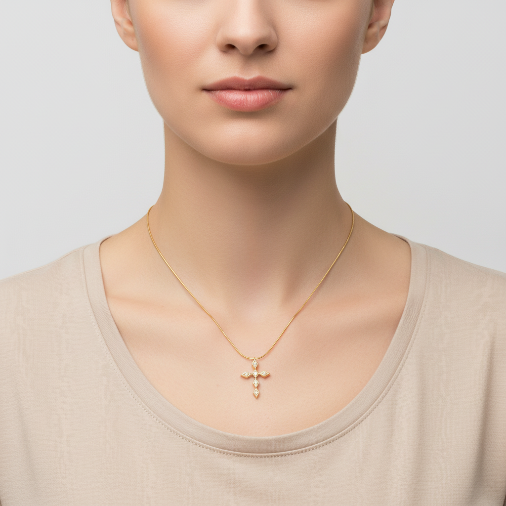 14K Yellow Gold Diamond Cross Pendant & Snake Chain Set - 0.20ct