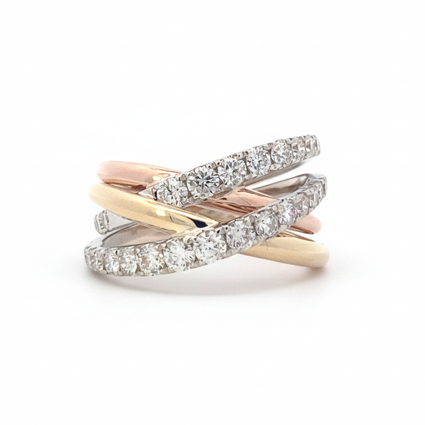 14K Tri-Color Gold & Diamond Criss Cross Women's Ring - 1.45ct