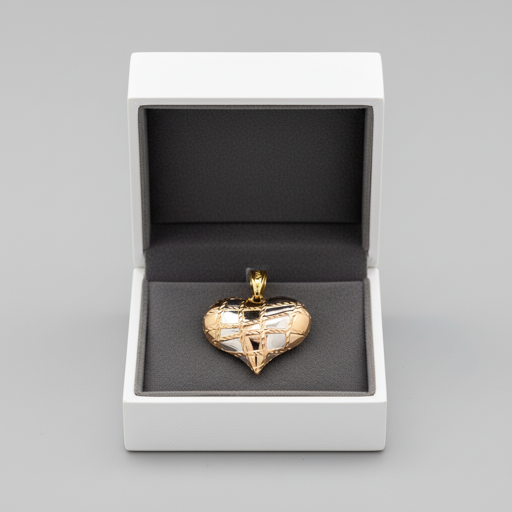 18K Yellow & White Gold Checkered Puff Heart Pendant