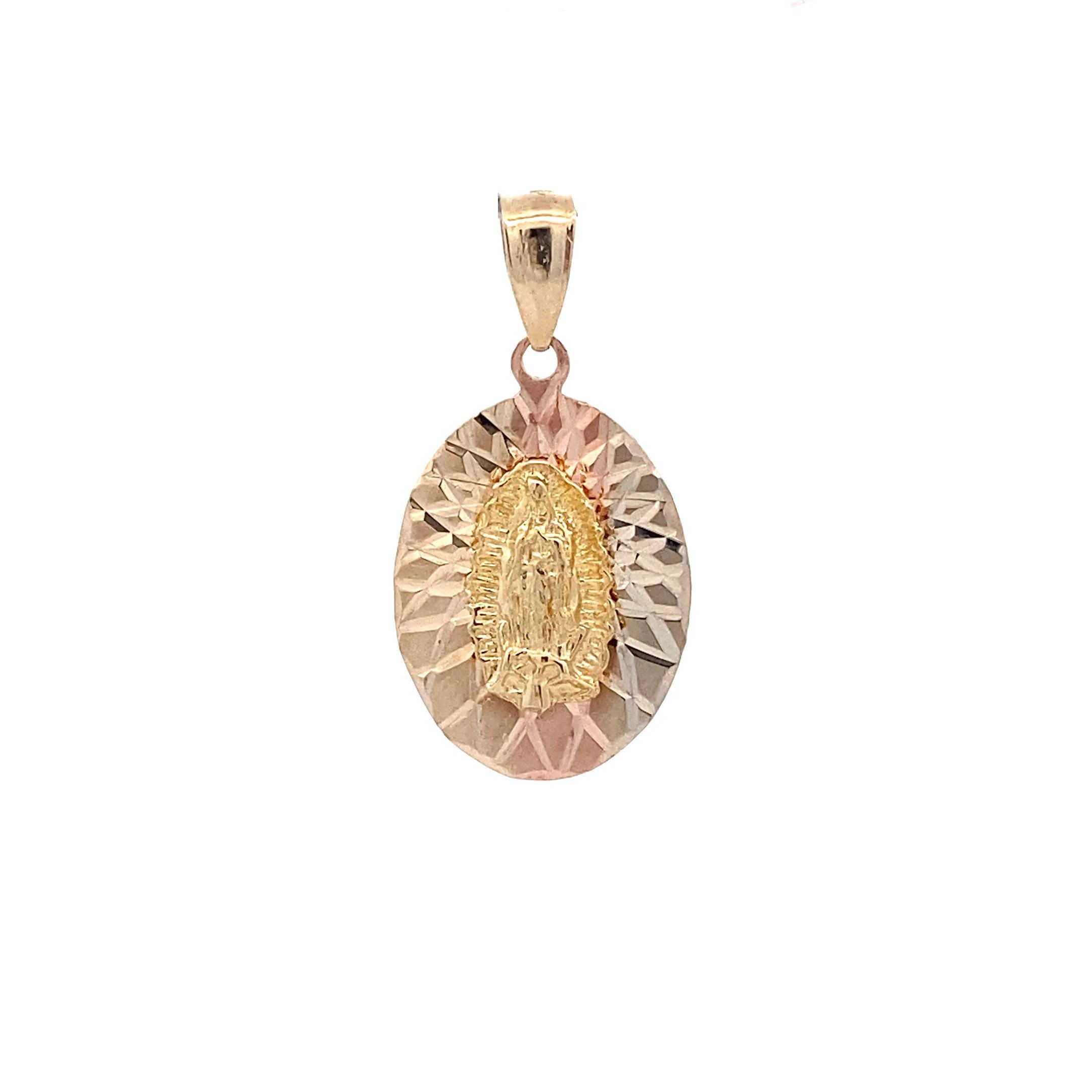 14K Tri-Color Gold Oval Virgin Mary Pendant