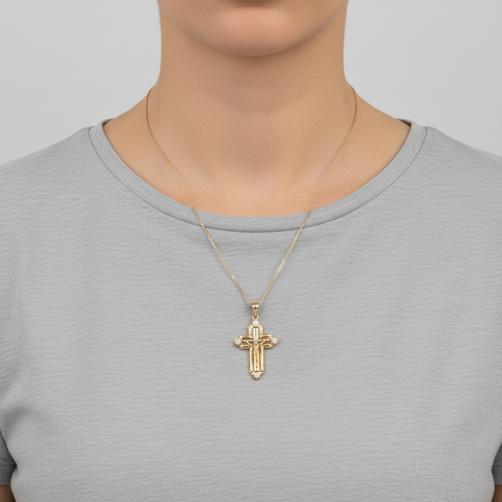 14K Yellow Gold CZ Crucifix Pendant