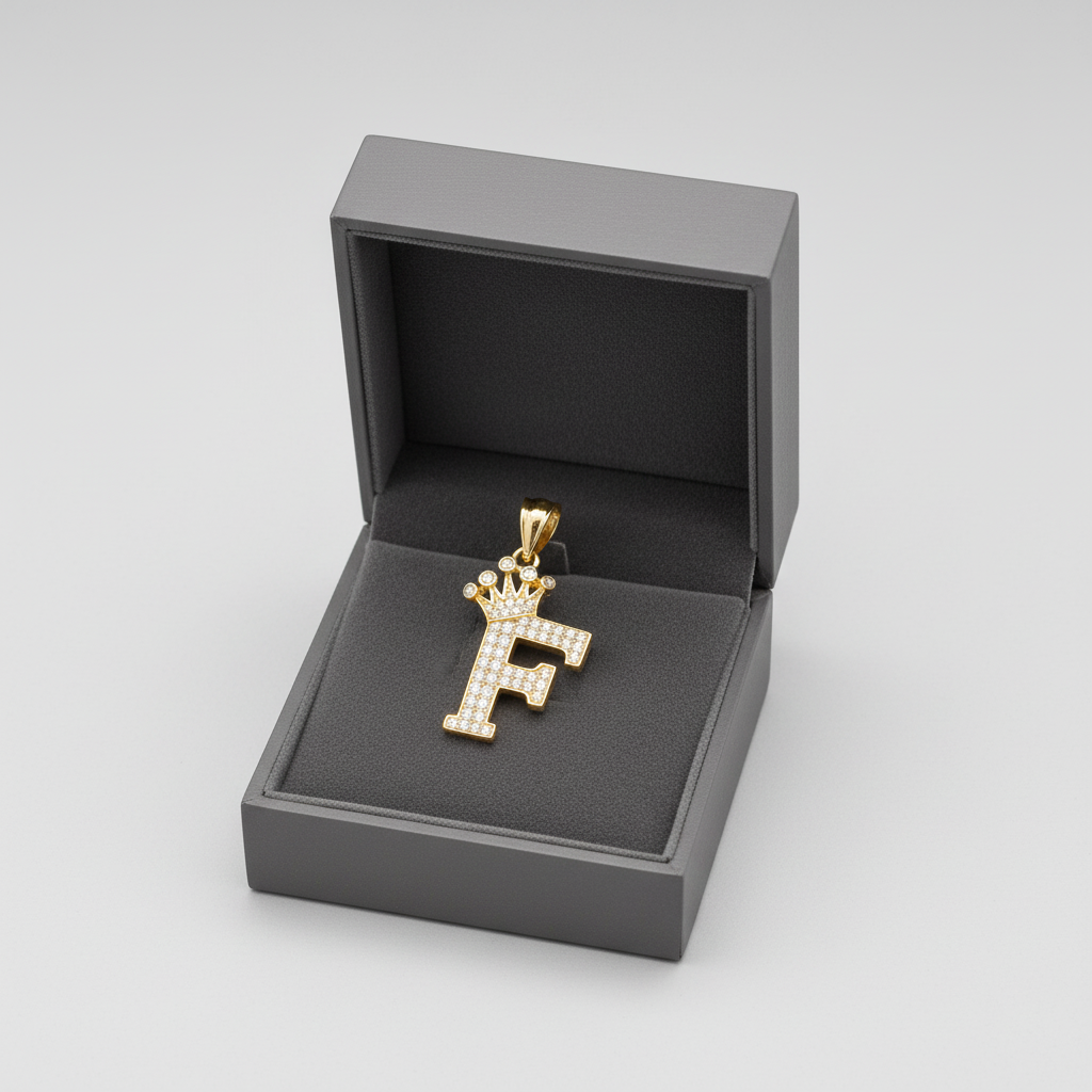 10K Yellow Gold Pave CZ Letter "F" Crown Pendant