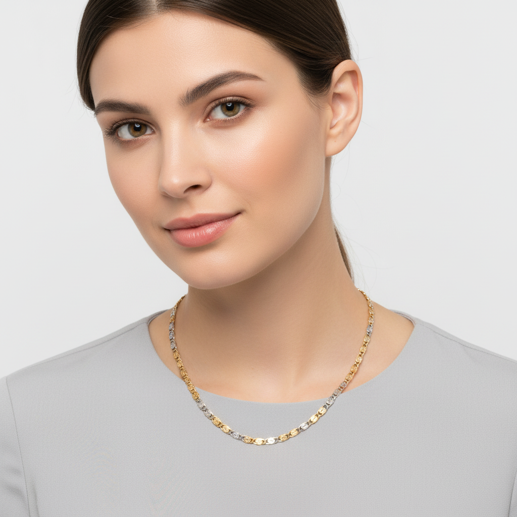 14K Yellow& White Gold 16" Fancy Diamond Cut Mariner Chain
