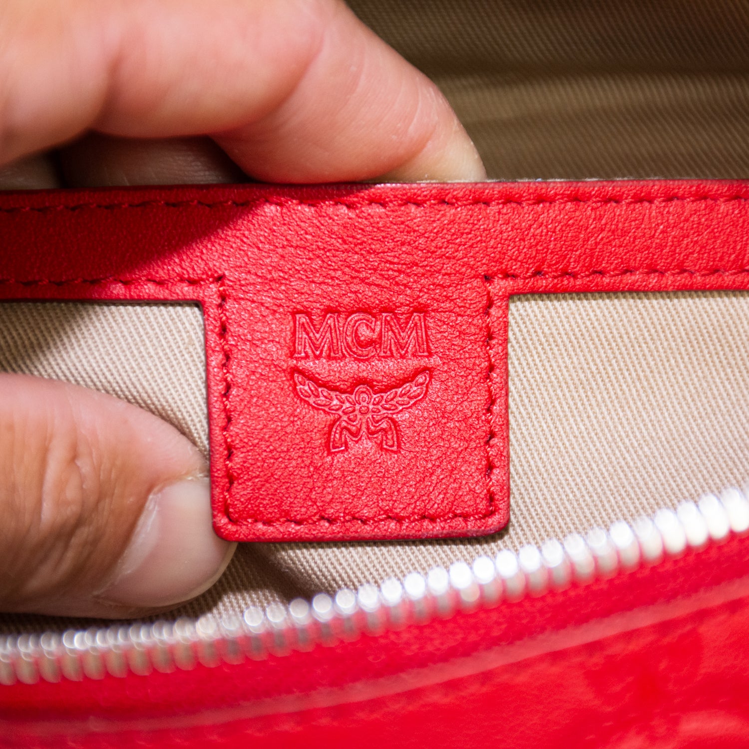 MCM Red Embossed Monogram Leather Belt Bag