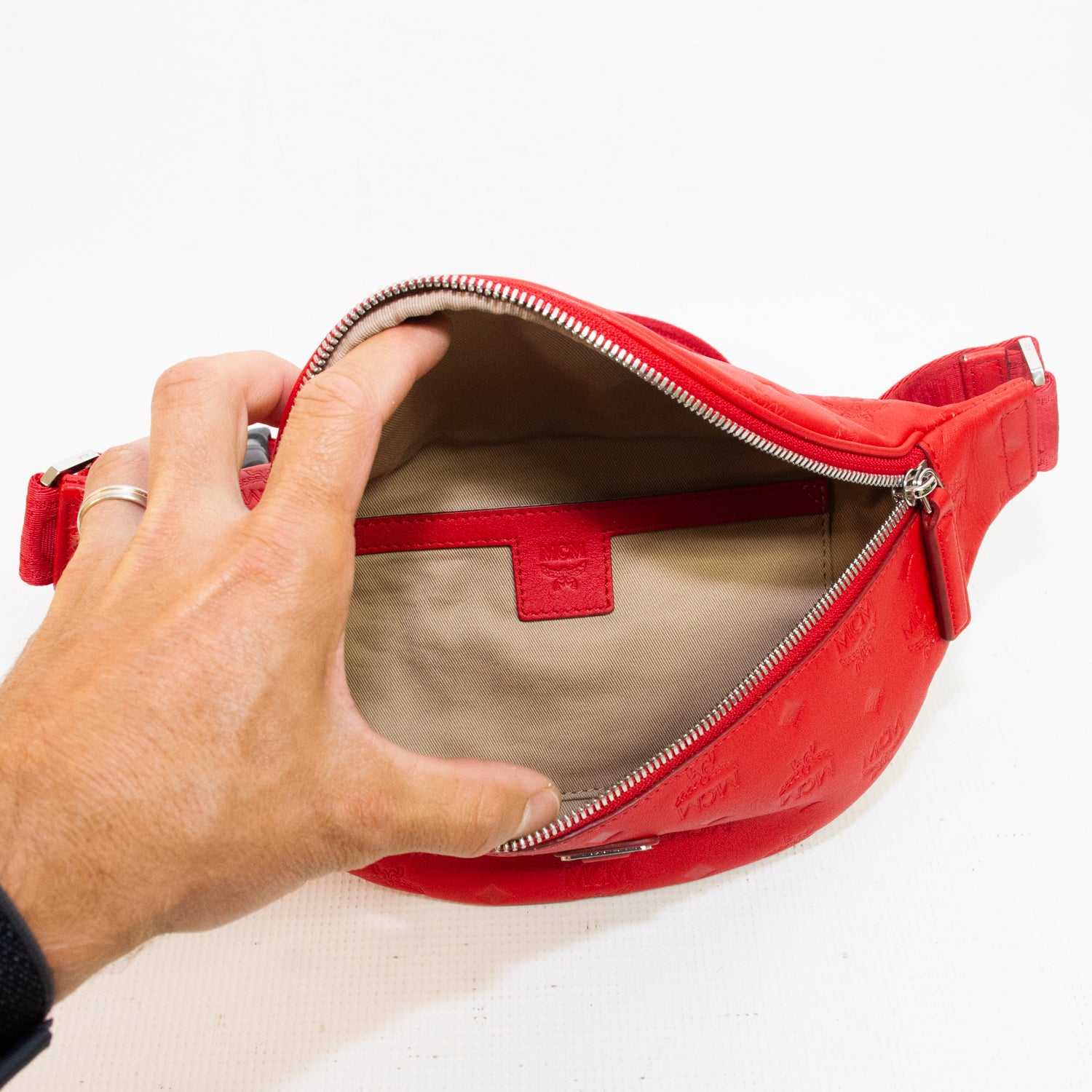 MCM Red Embossed Monogram Leather Belt Bag