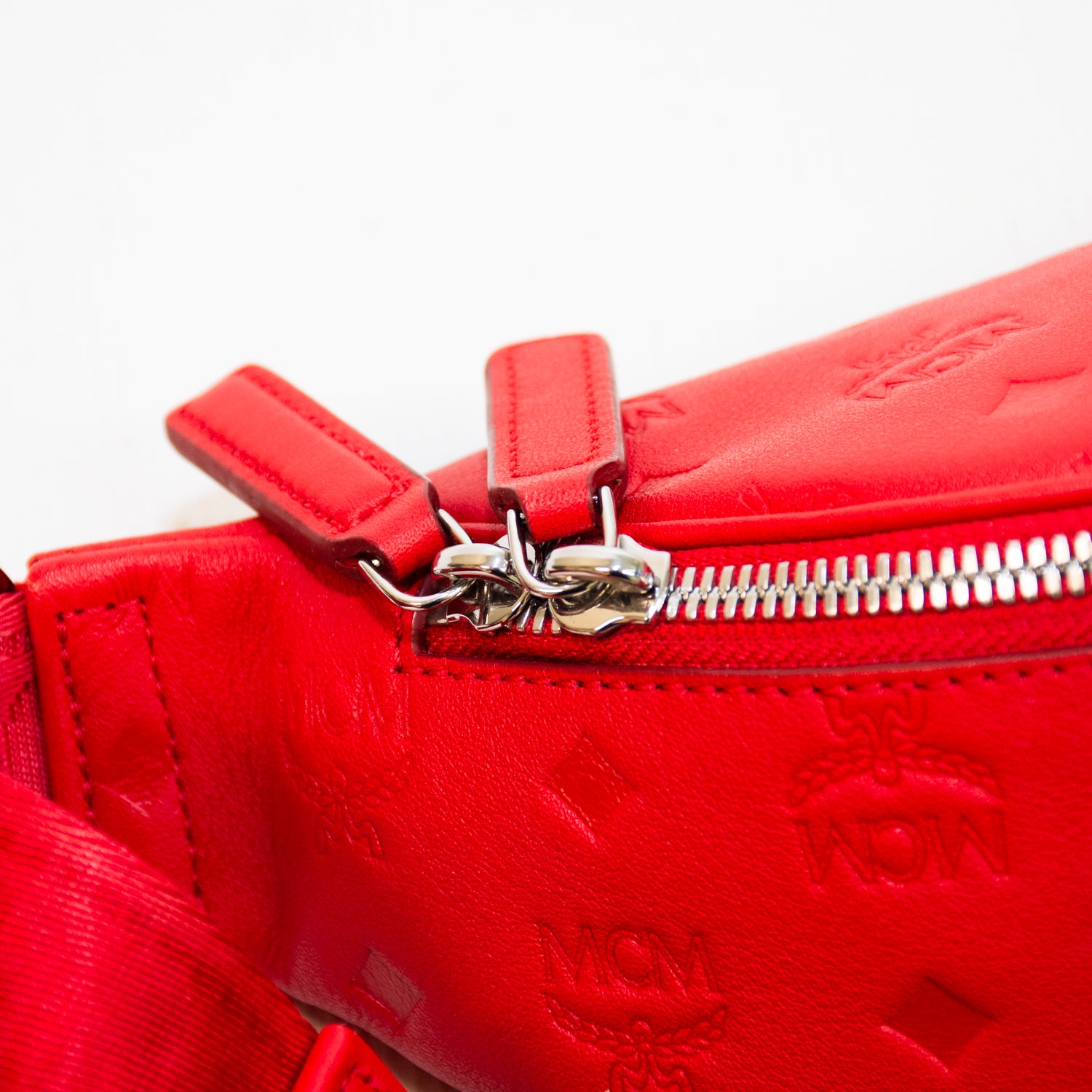 MCM Red Embossed Monogram Leather Belt Bag
