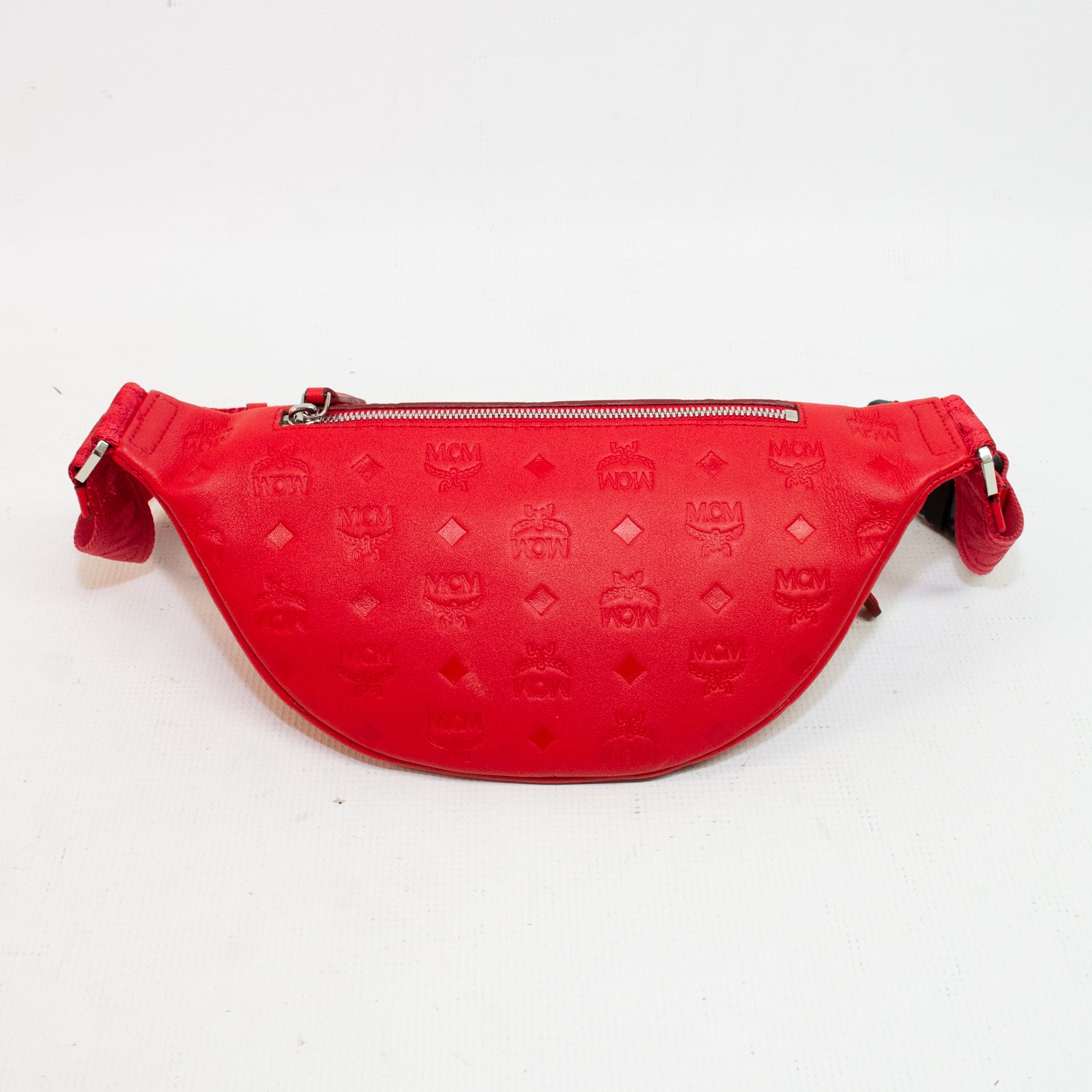 MCM Red Embossed Monogram Leather Belt Bag