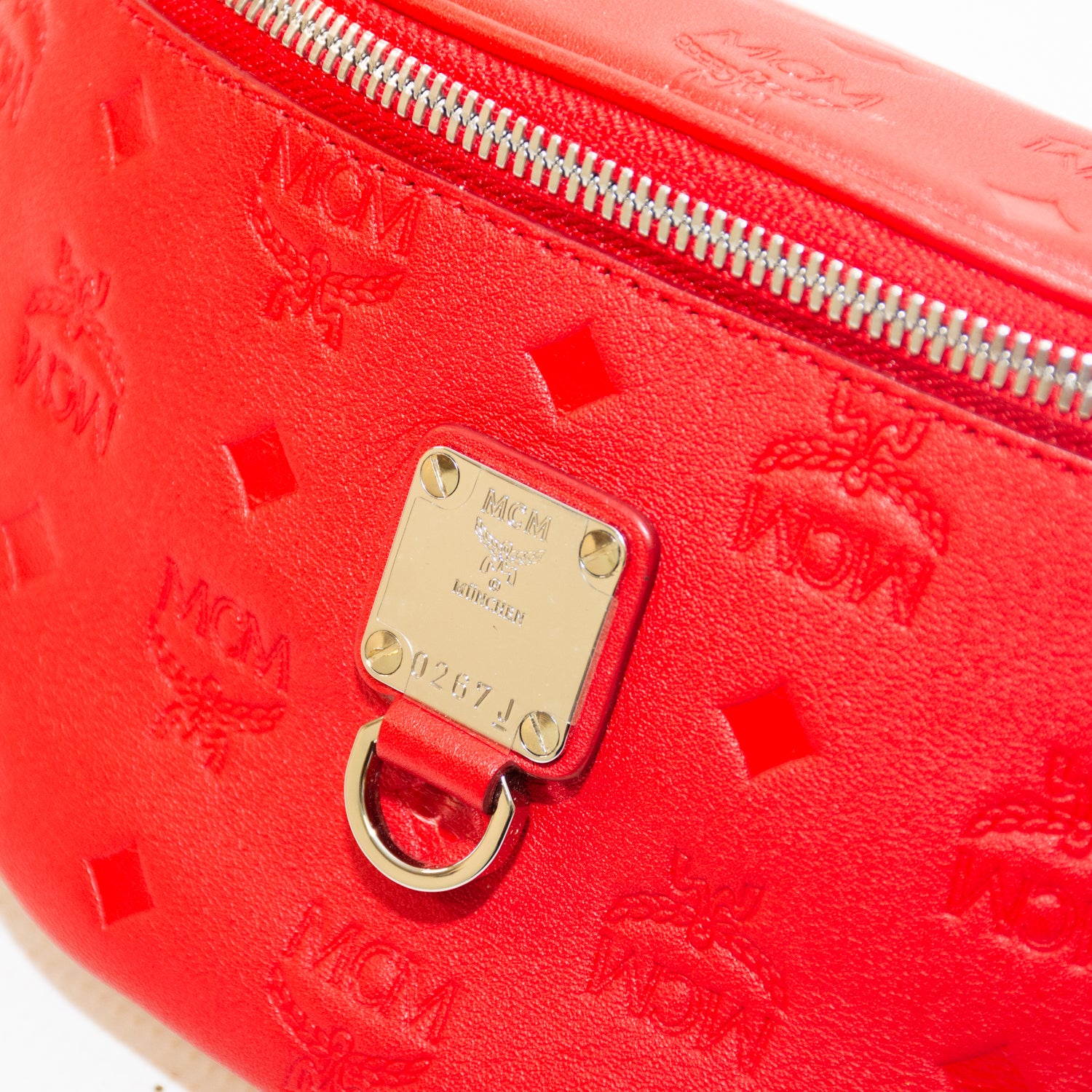 MCM Red Embossed Monogram Leather Belt Bag