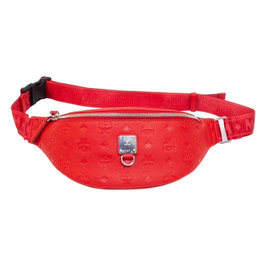 MCM Red Embossed Monogram Leather Belt Bag