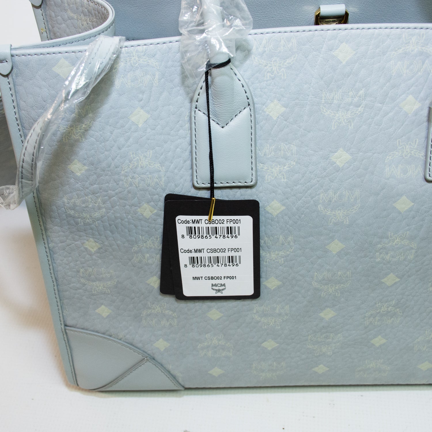 MCM Z2697 Baby Blue Monogram Tote