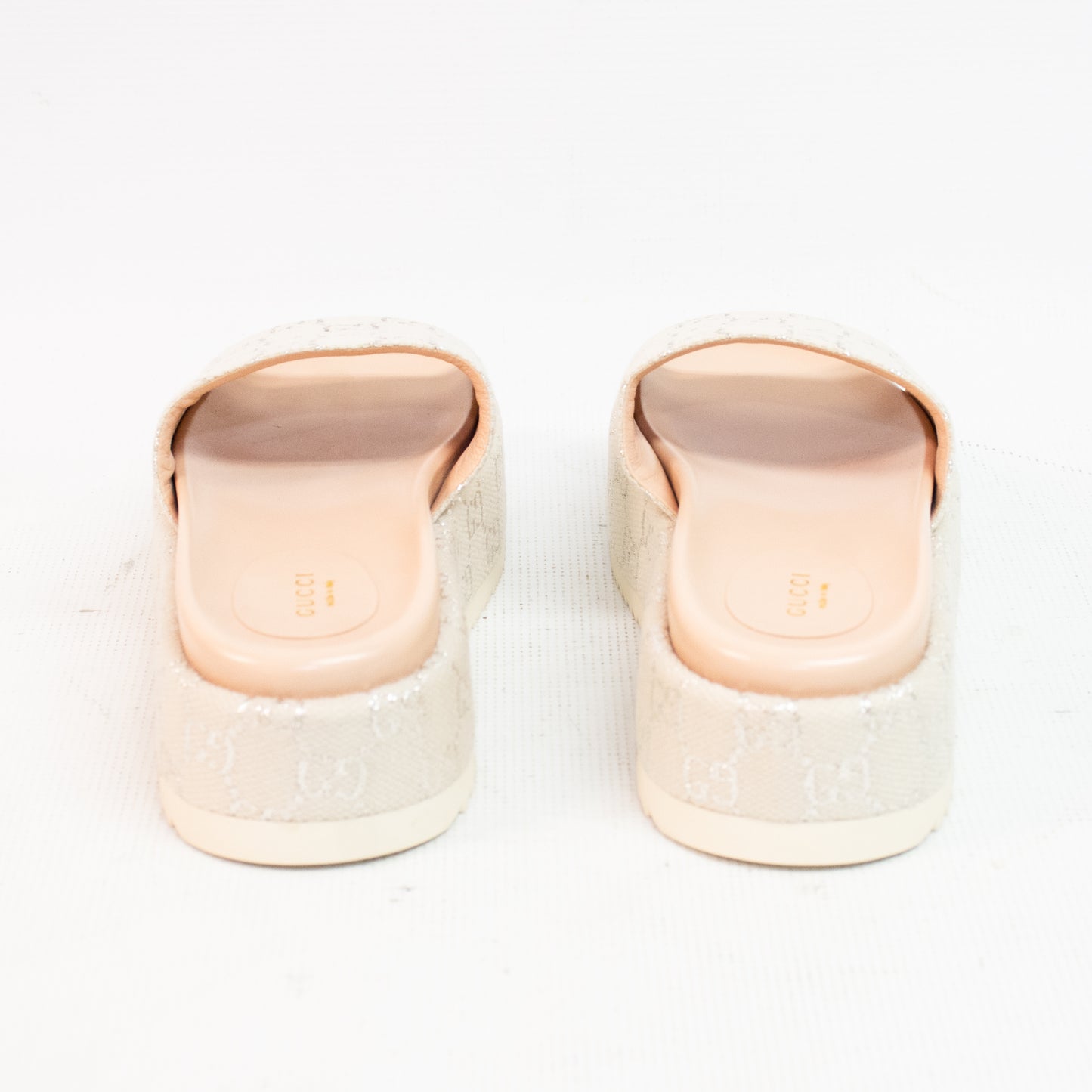 Gucci 623212 Platform Shoes Light GG Lame Gardenia Silver Shoes - 9-1/2