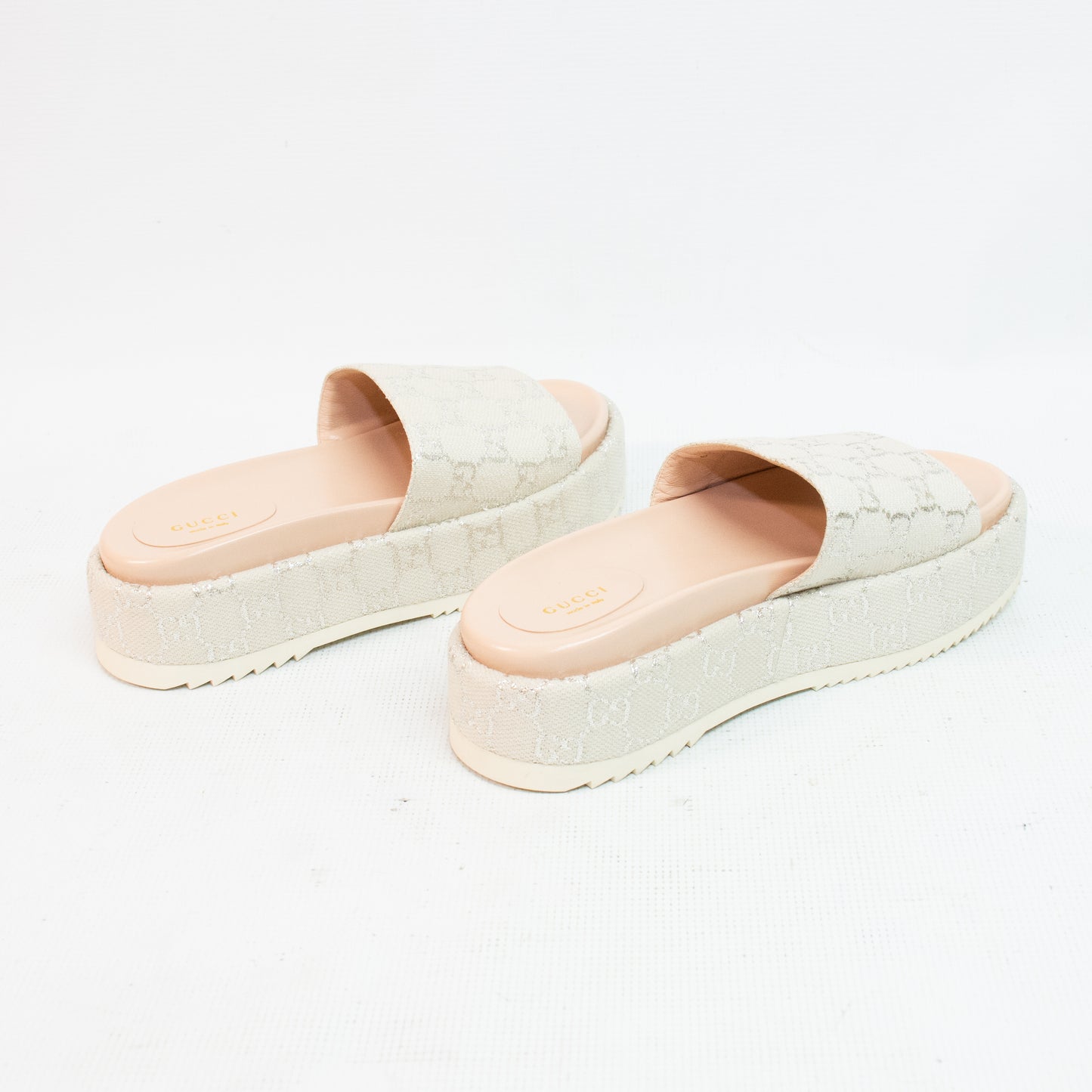 Gucci 623212 Platform Shoes Light GG Lame Gardenia Silver Shoes - 9-1/2