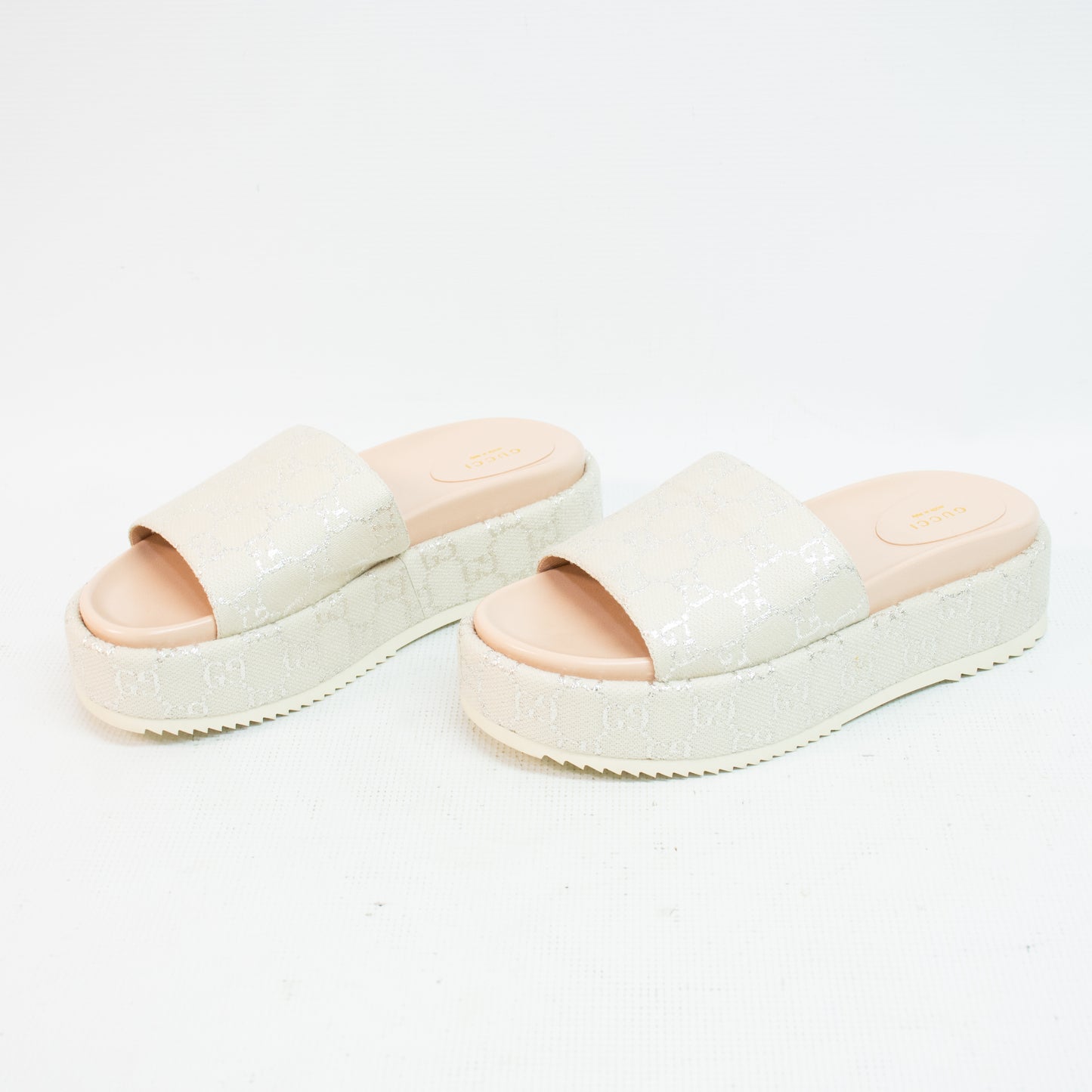 Gucci 623212 Platform Shoes Light GG Lame Gardenia Silver Shoes - 9-1/2